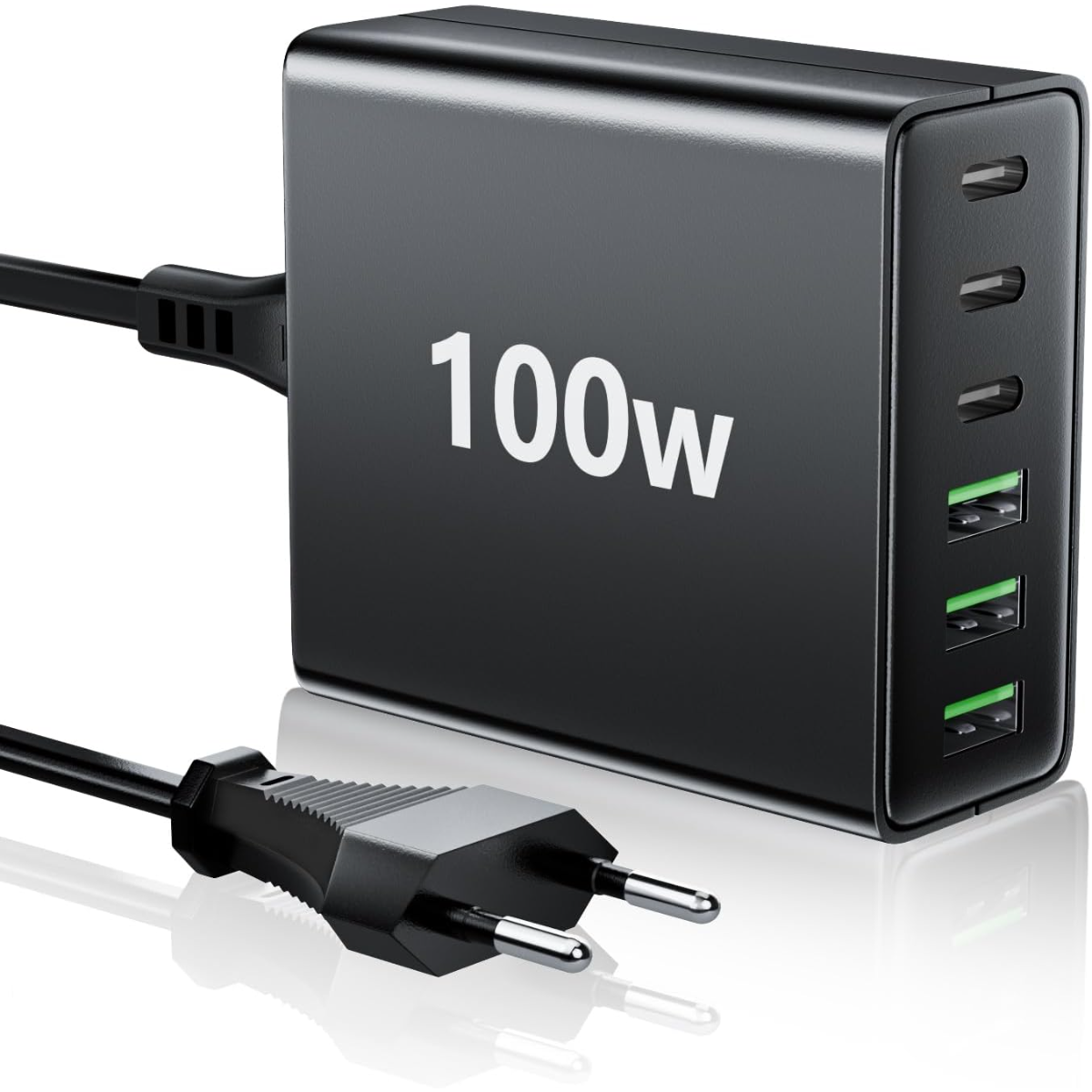 Schwarzes 100-W-Ladegerät mit mehreren USB-Anschlüssen und einem Eurostecker.