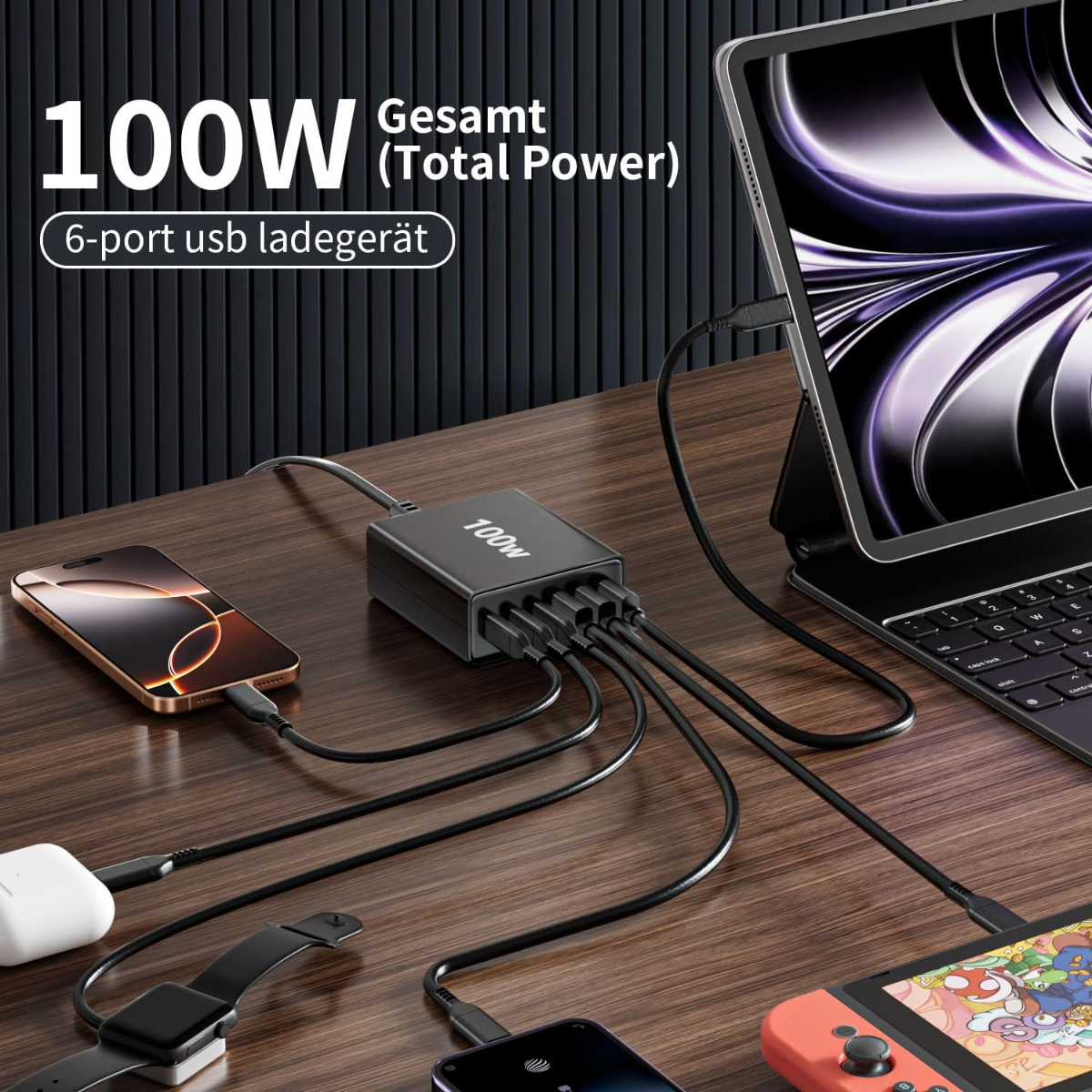 Ein schwarzes 6-Port-Ladegerät mit 100 W lädt ein Telefon, Tablet, Uhr, Ohrhörer und Switch.