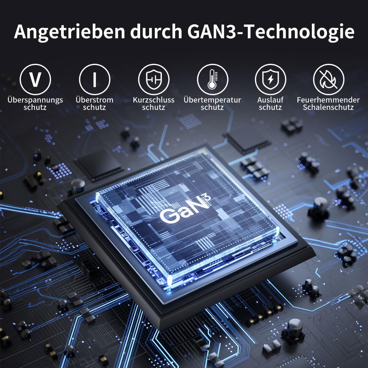 GaN3-Technologie mit Schutzfunktionen: Überspannung, Überstrom, Kurzschluss, Übertemperatur, Auslauf, Brandschutz.