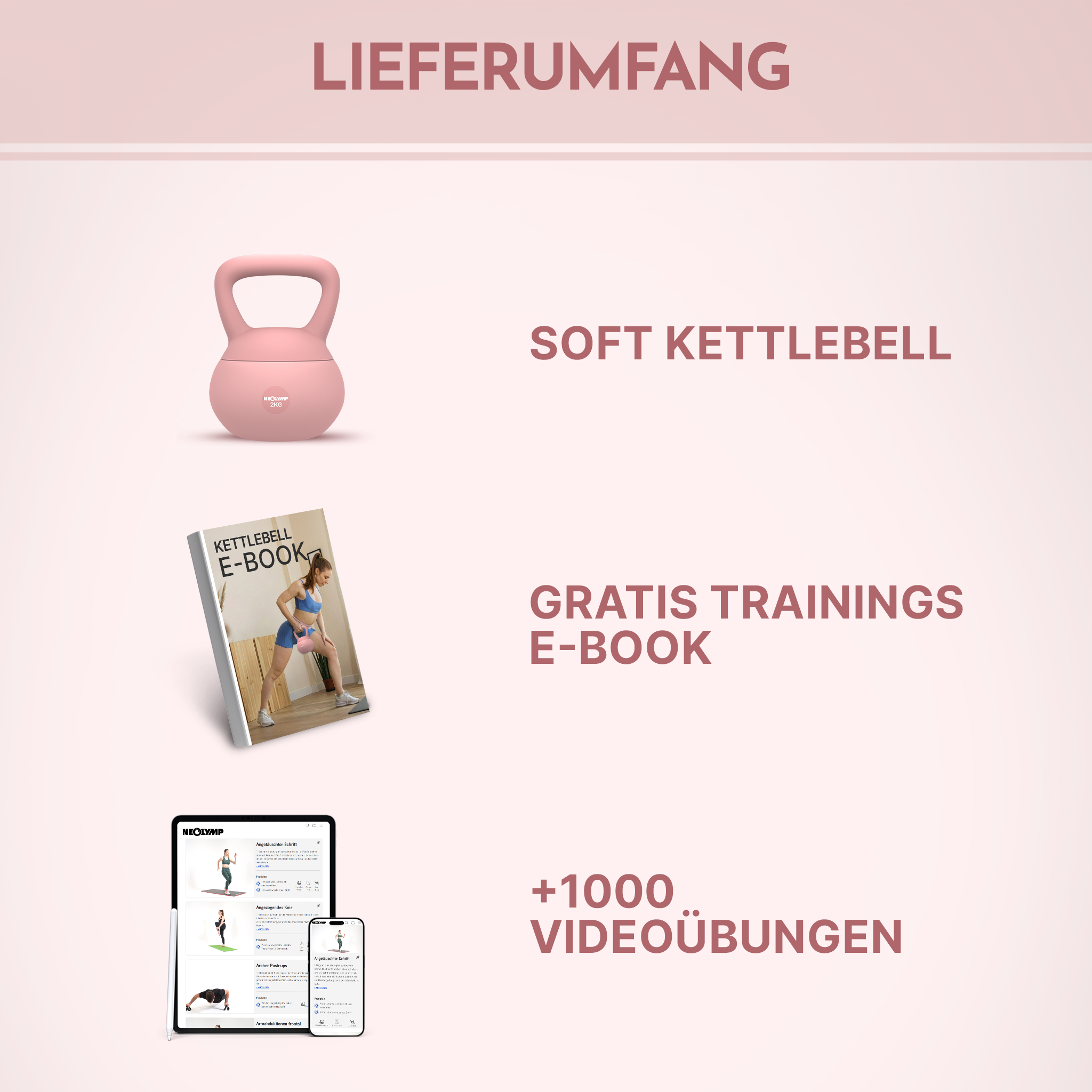 Ein rosafarbener Kettlebell, E-Book und Tablet mit Trainingsübungen.