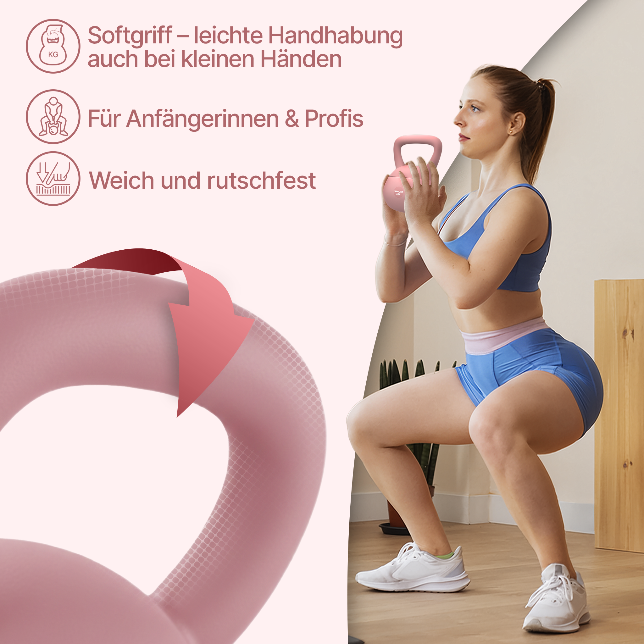 Frau macht Kniebeugen mit rosa Kettlebell, leichte Handhabung.
