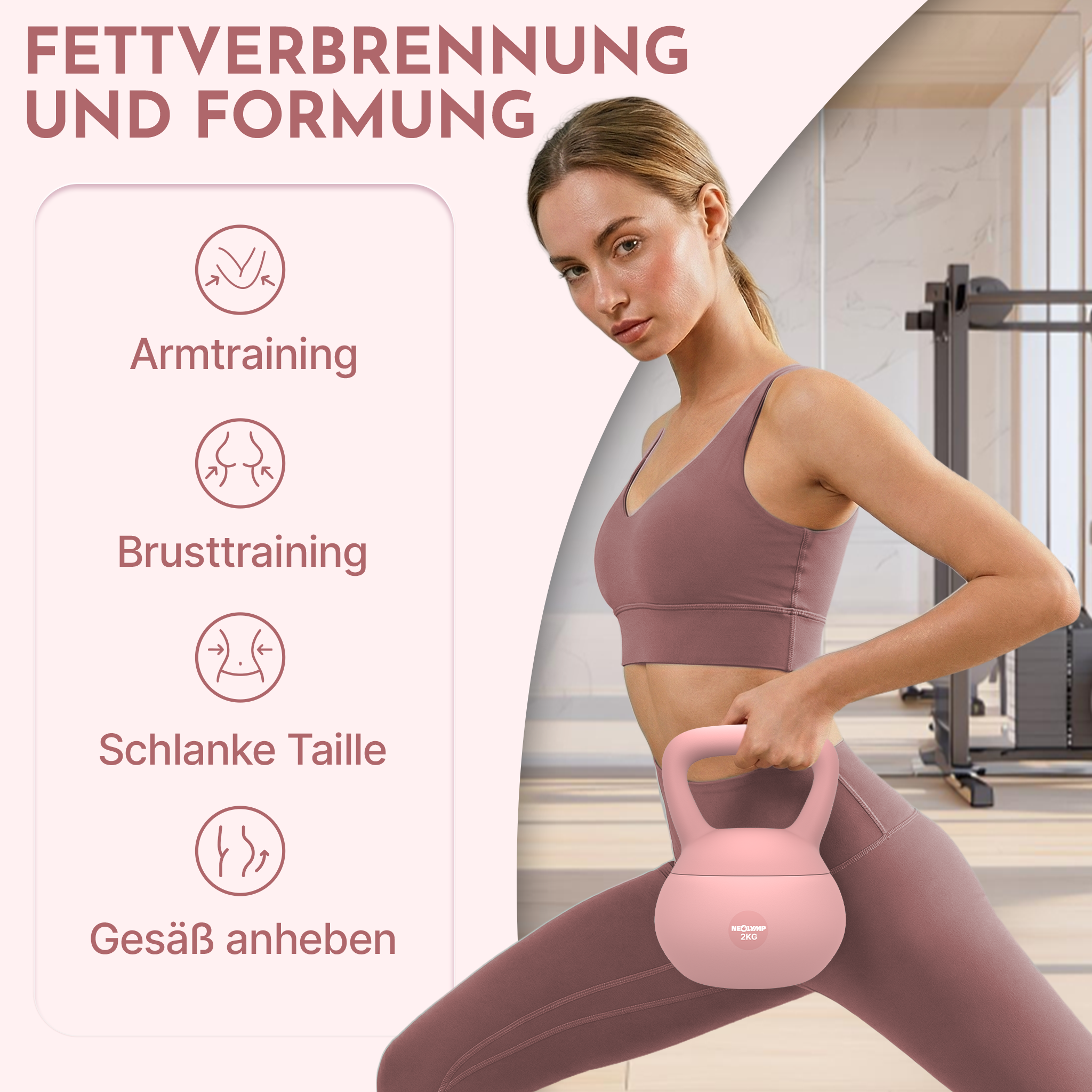 Eine Frau im Fitnessstudio hält eine rosafarbene Kettlebell. Text auf Deutsch.