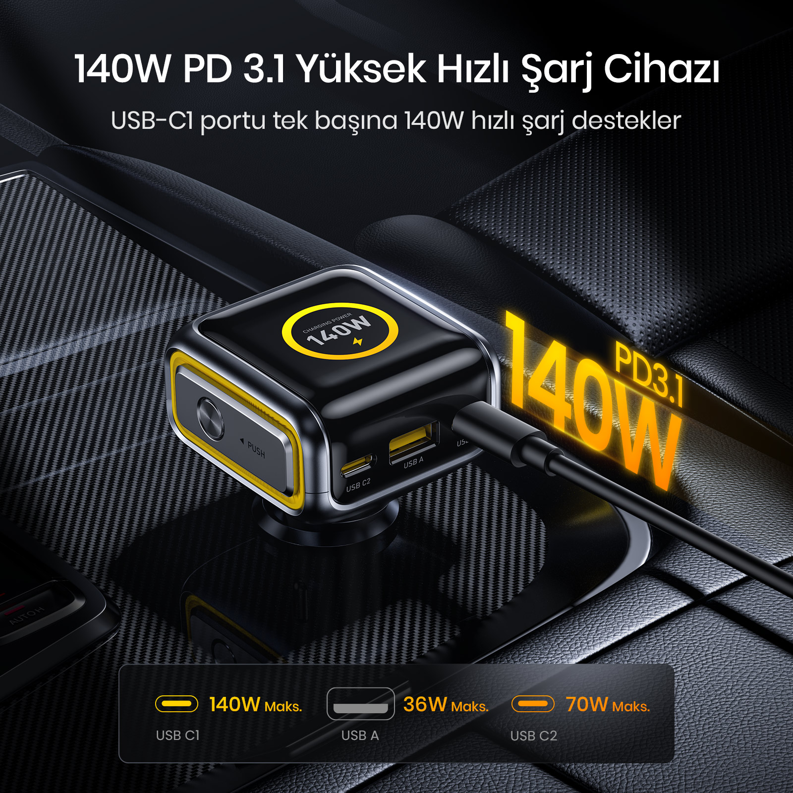 Sarı vurgulu siyah 140W PD 3.1 araç şarj cihazı.