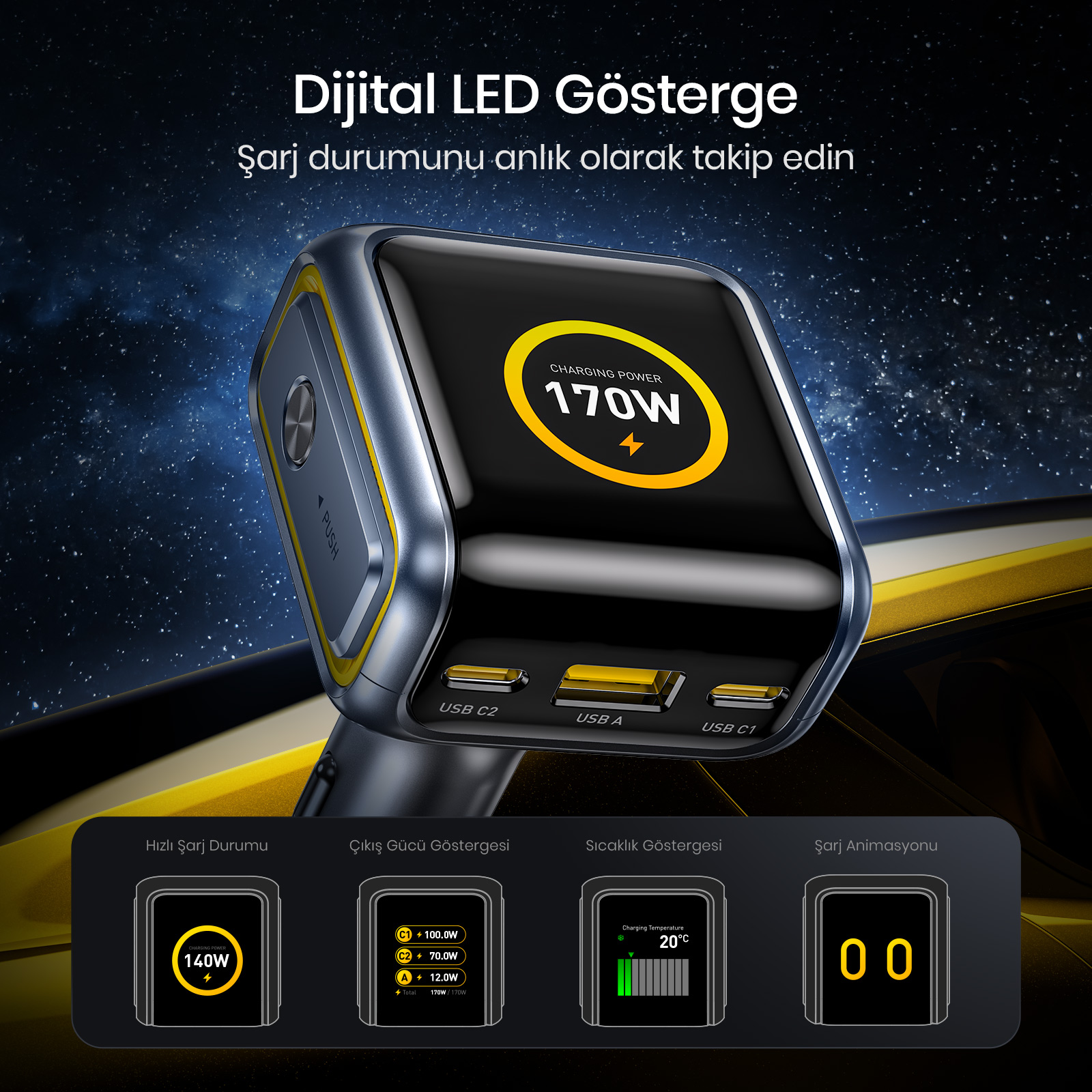 Dijital LED ekran 170W şarj gücü gösteriyor.