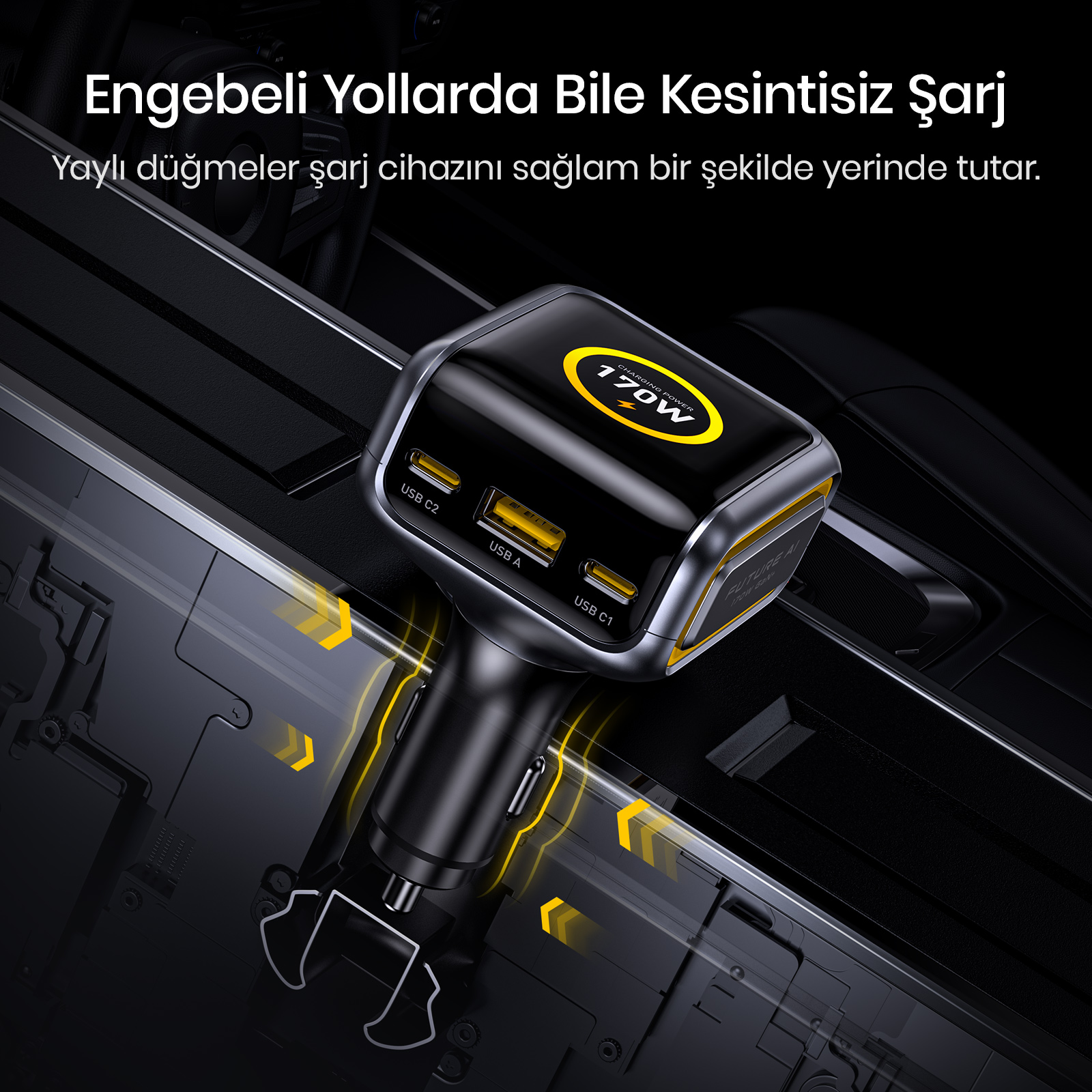 3 portlu (2x USB-C, 1x USB-A) ve 170W göstergeli siyah araç şarj cihazı.