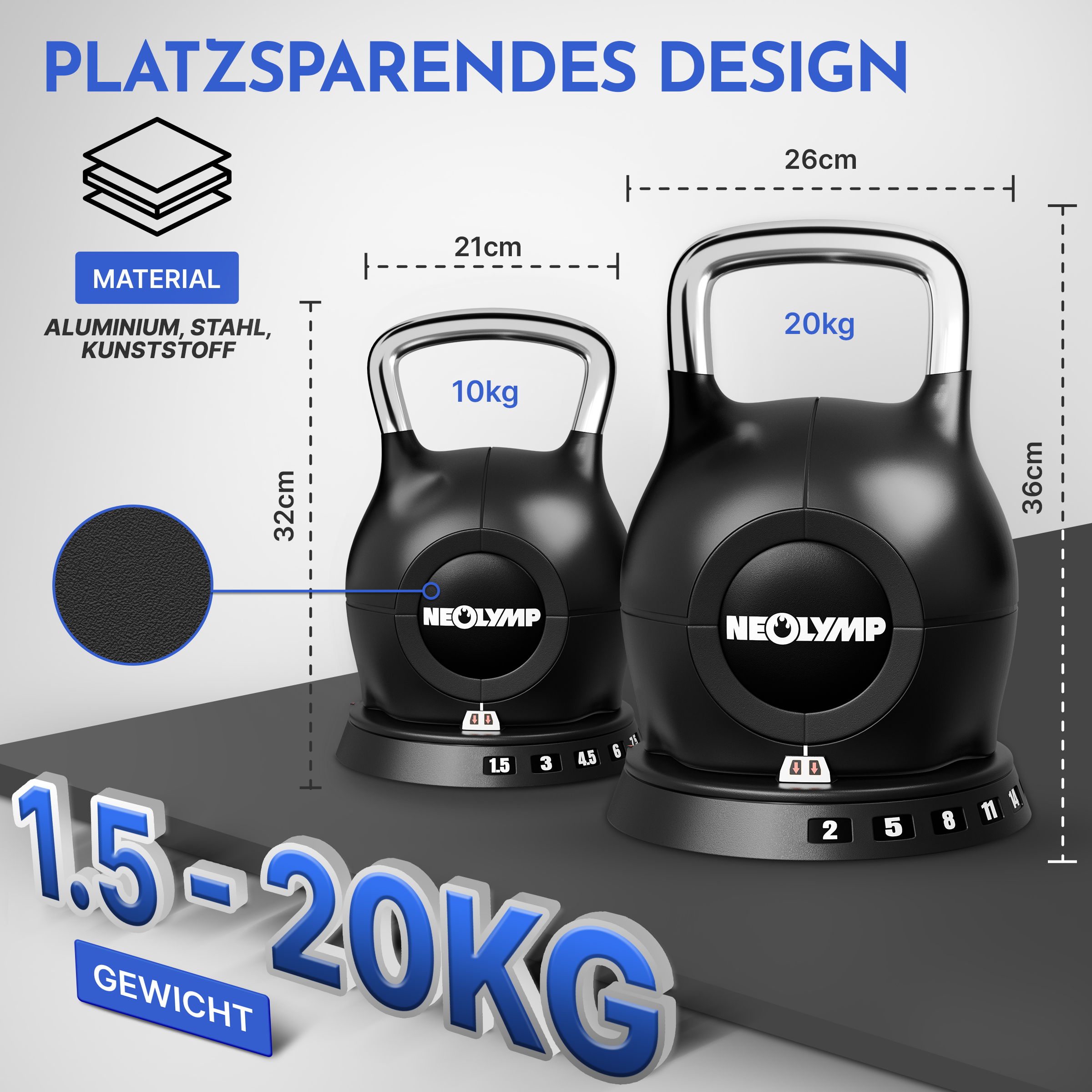 Platzsparendes Design: Zwei Neolymp Kurzhanteln, 10kg und 20kg, mit Maßen.