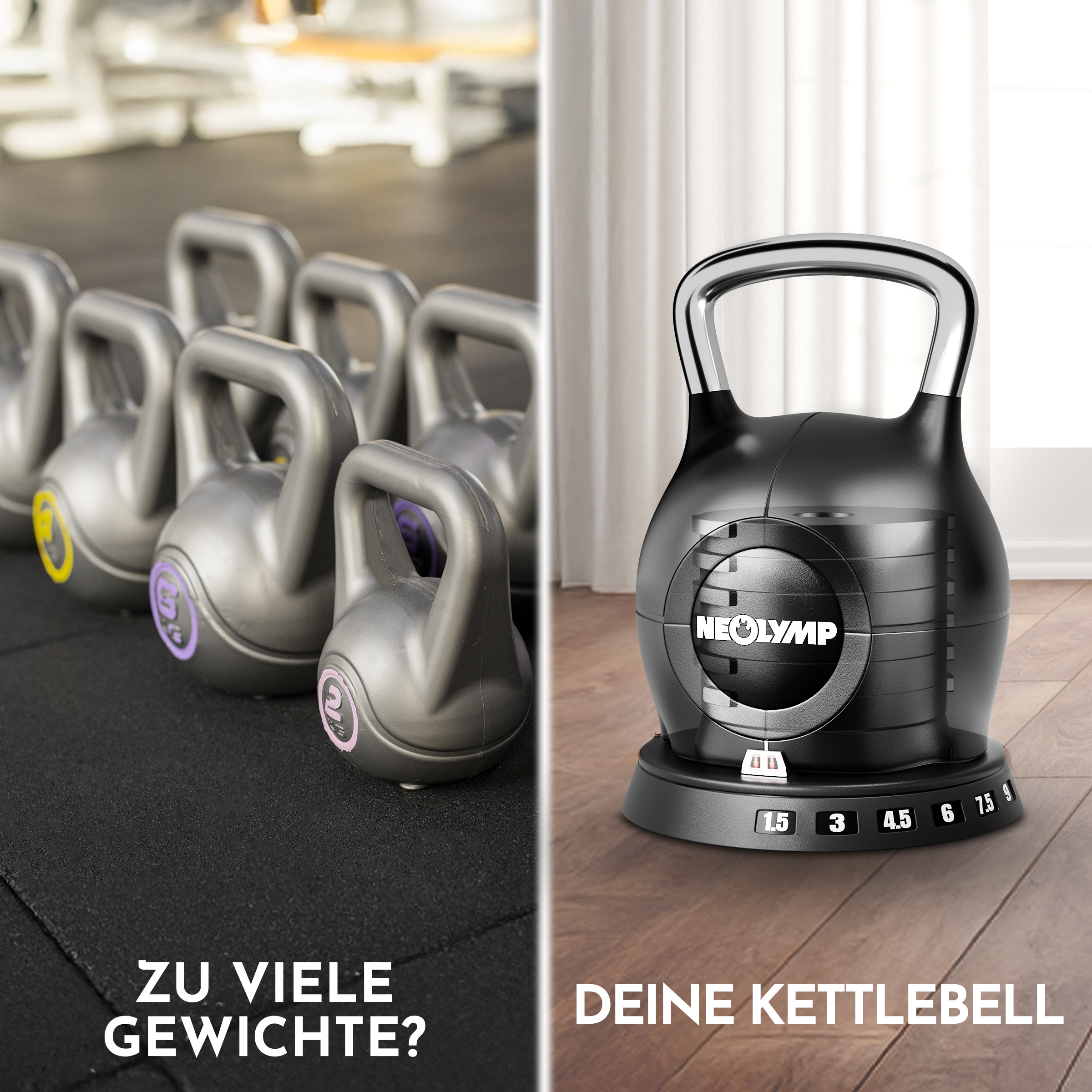 Geteilte Bild: Links Reihe silberner Kettlebells. Rechts schwarze, verstellbare Kettlebell.