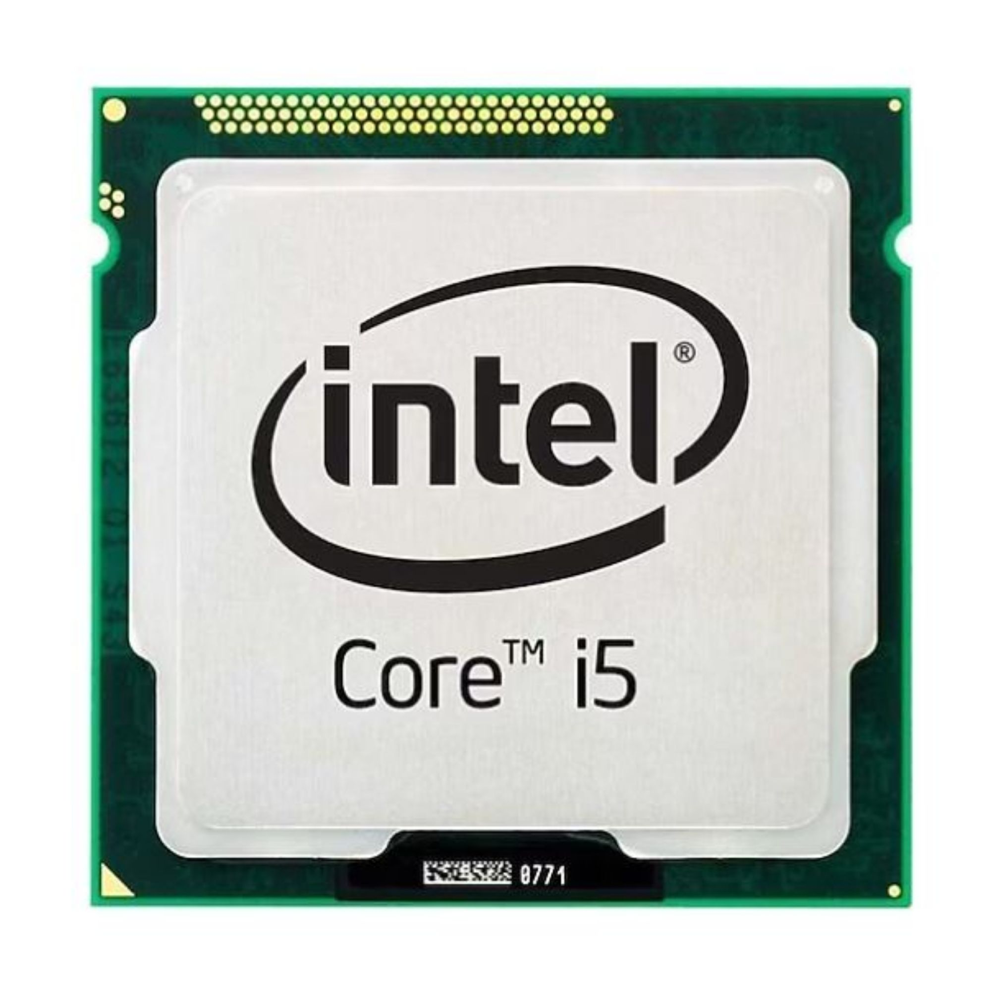 Intel logosu ve seri numarası olan Intel Core i5 işlemci beyaz arka planda.