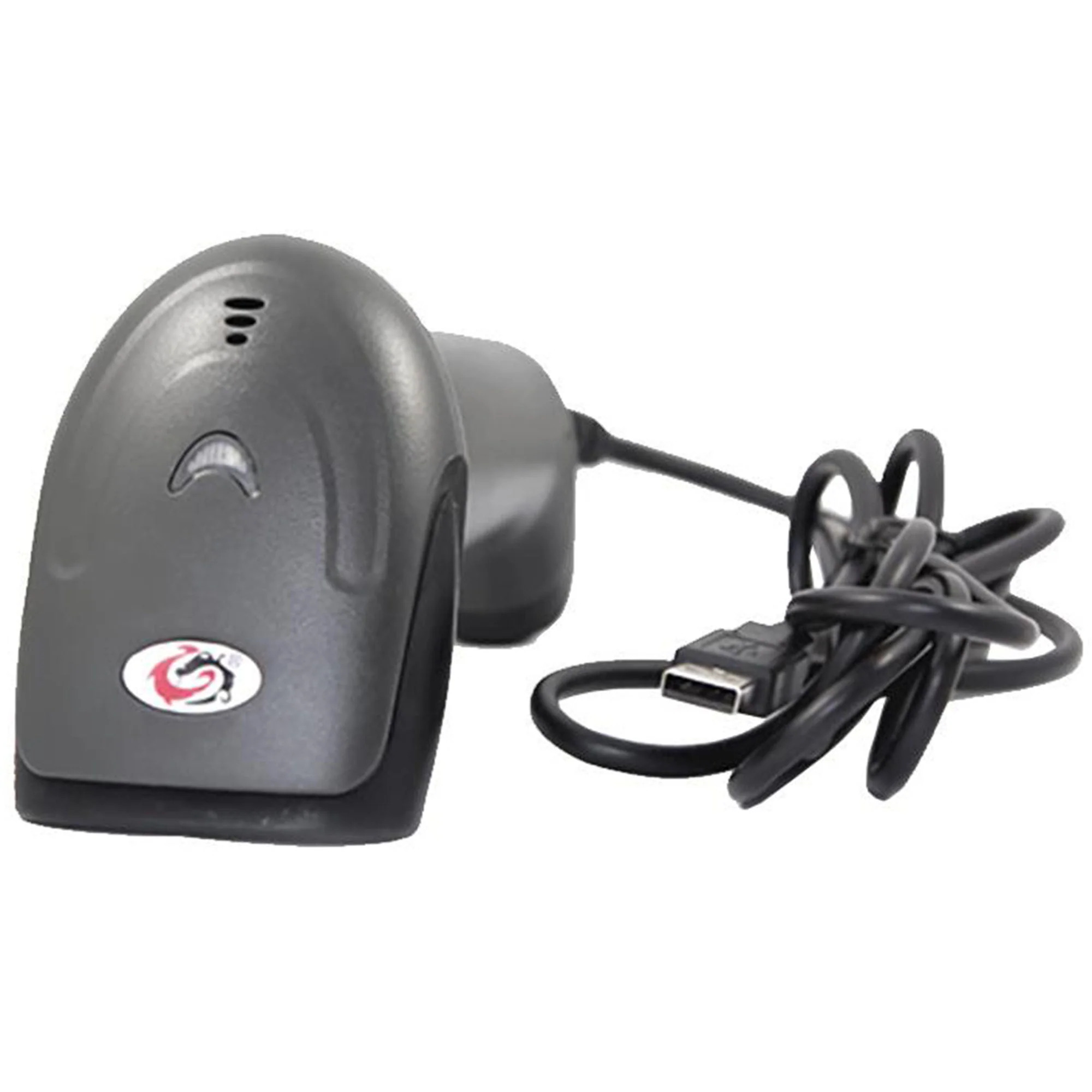 Siyah kablolu gri USB barkod okuyucu.