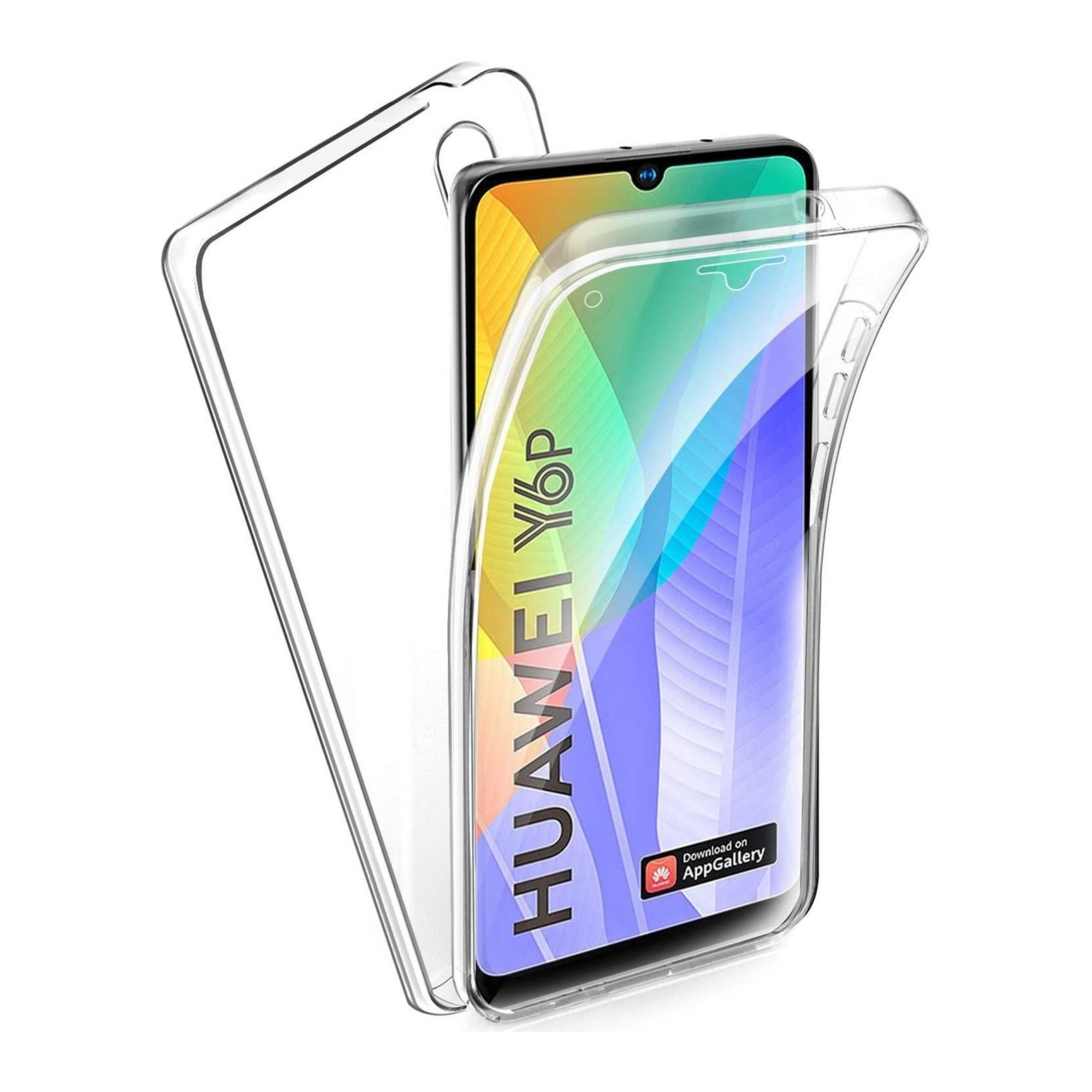 Renkli duvar kağıdı ve AppGallery logosu olan Huawei Y6p için şeffaf kılıf.