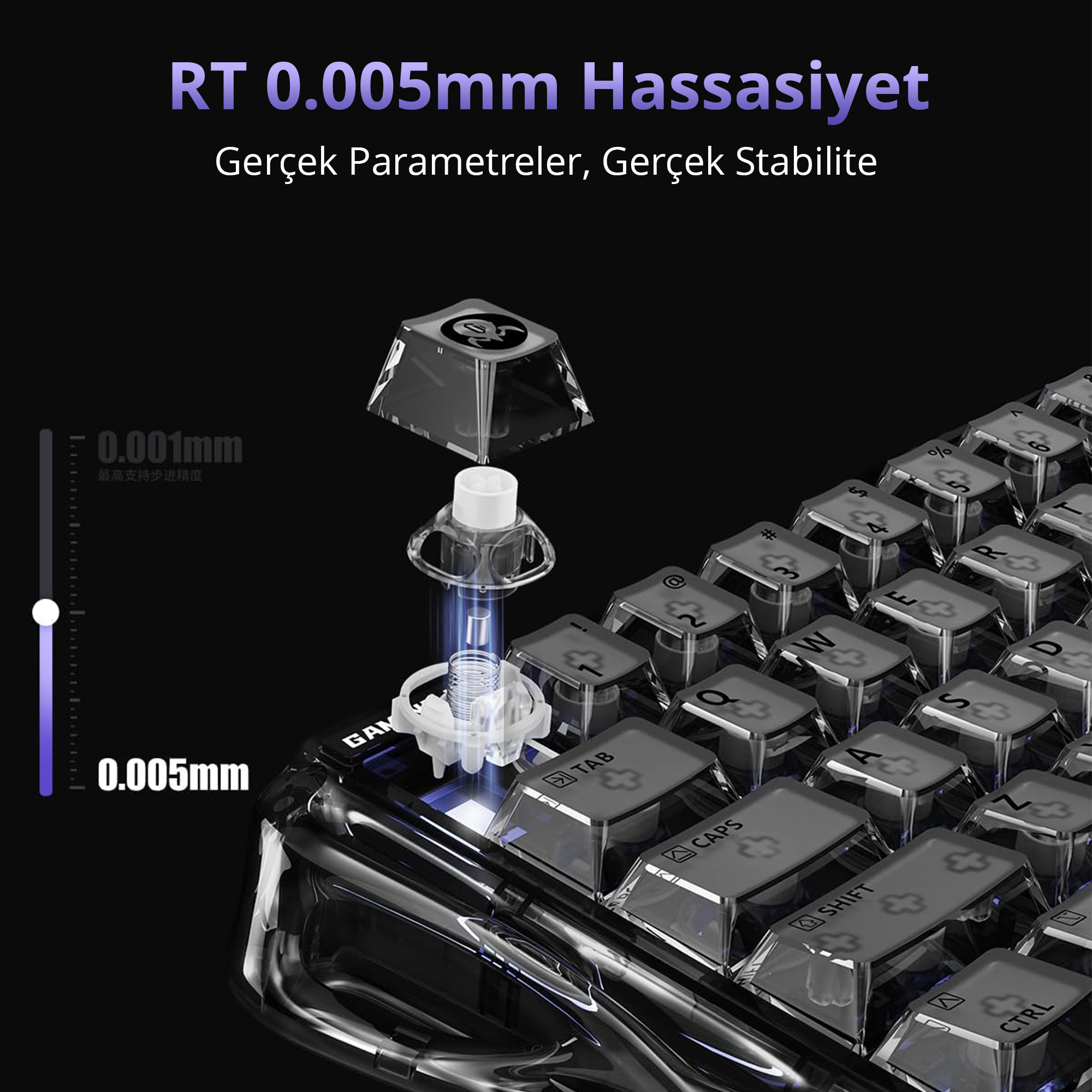 Işıklı detaylı ve hassas ölçümlü şeffaf tuş başlıkları.