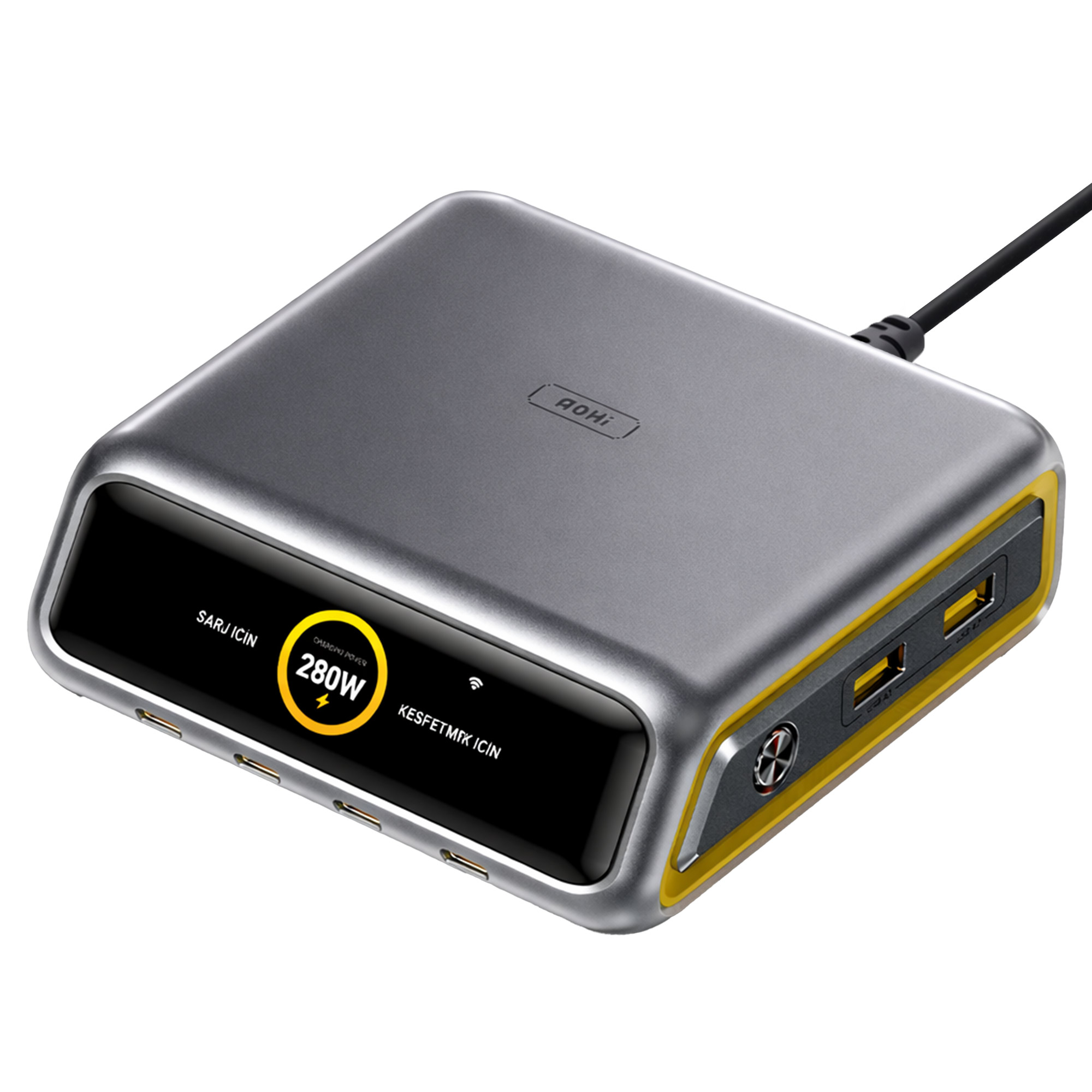 Sarı detaylı gri şarj cihazı, USB portları ve dijital ekran.