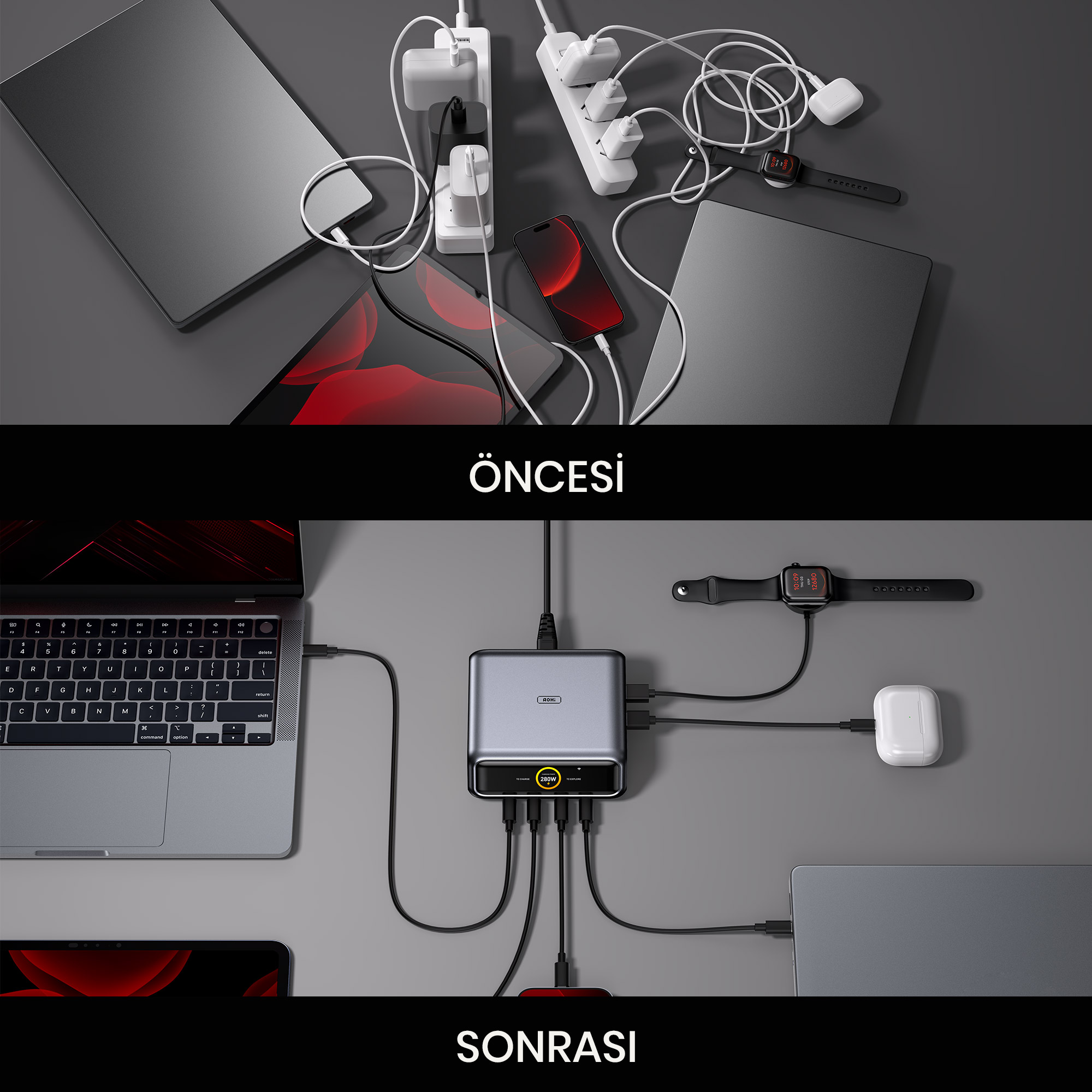 Önce: Çoklu prizler aracılığıyla şarj olan laptoplar, telefonlar ve akıllı saat. Sonra: Merkezi şarj cihazı laptopları, saati ve AirPods'u besler.