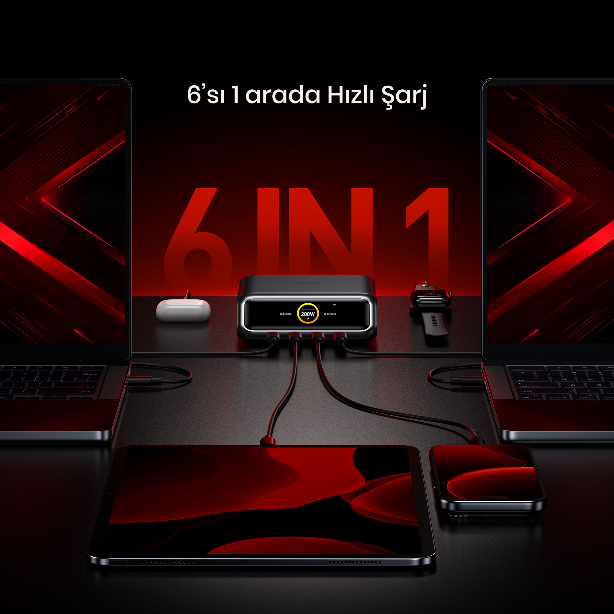 Siyah 6'sı 1 arada şarj istasyonu dizüstü bilgisayarlara, tablete ve akıllı telefona bağlanır.