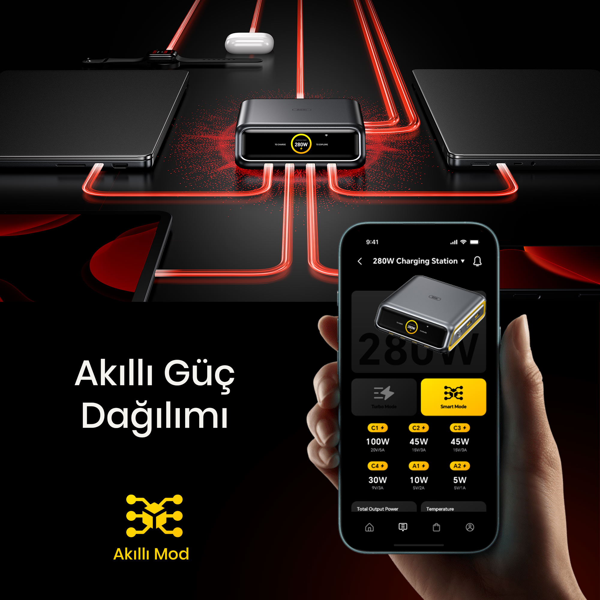 280W şarj istasyonu, dizüstü bilgisayarlar ve AirPods şarj ediliyor.