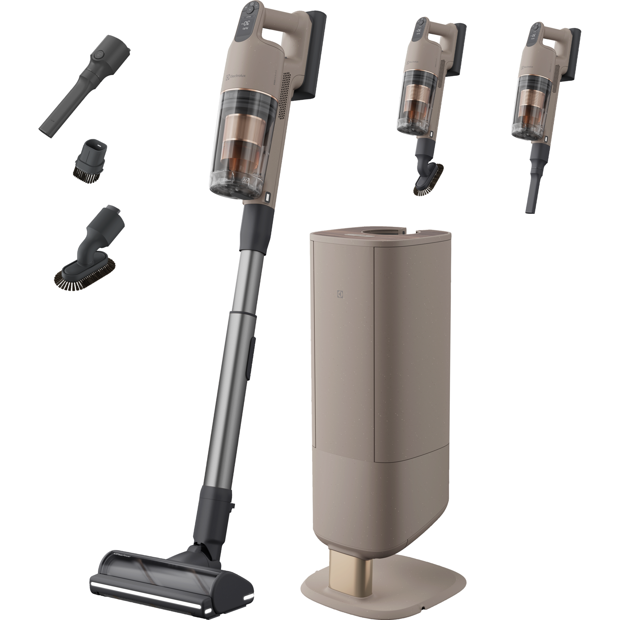 Un aspirapolvere senza fili con accessori e base di ricarica beige.