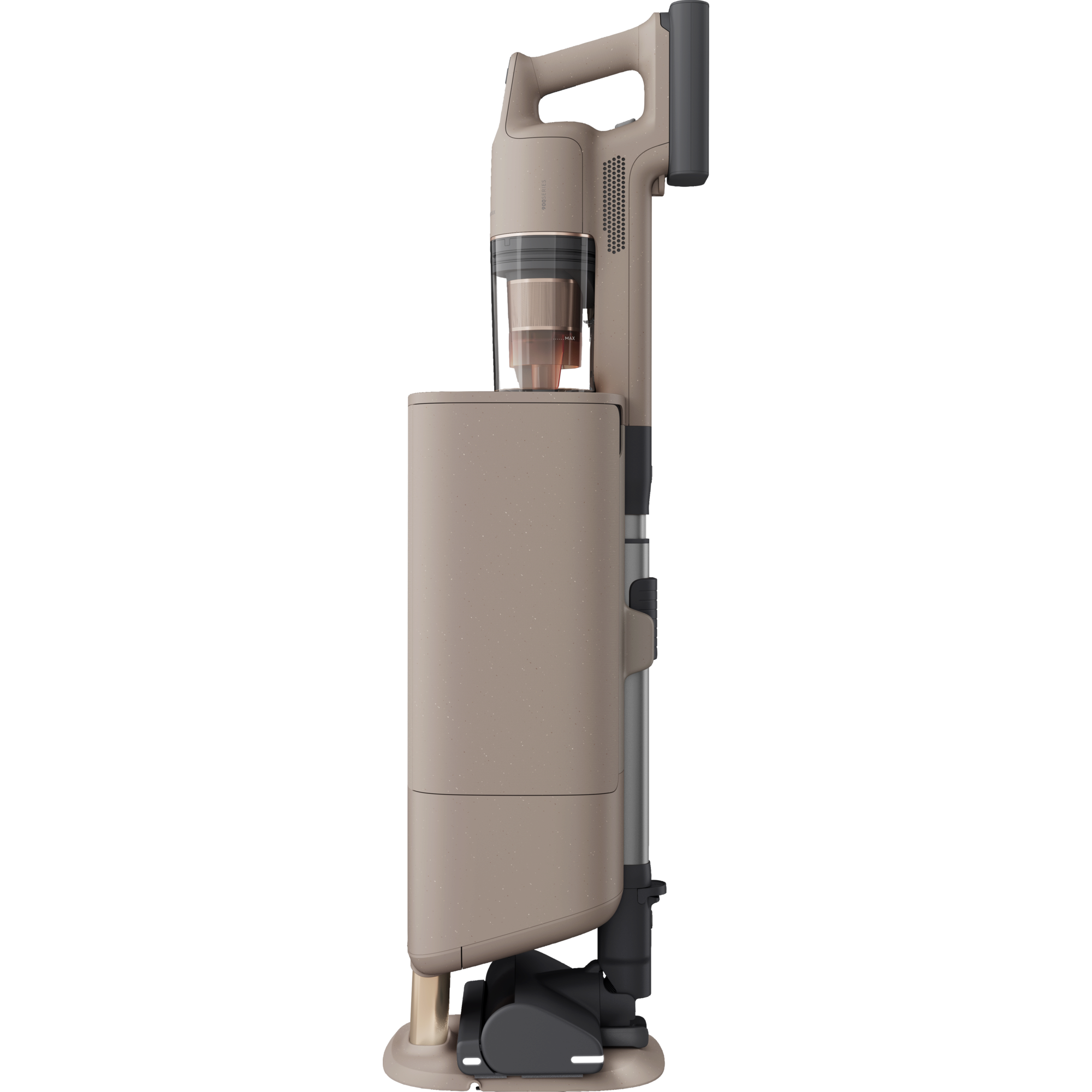 Un aspirapolvere a batteria beige con contenitore polvere trasparente è mostrato su sfondo nero.