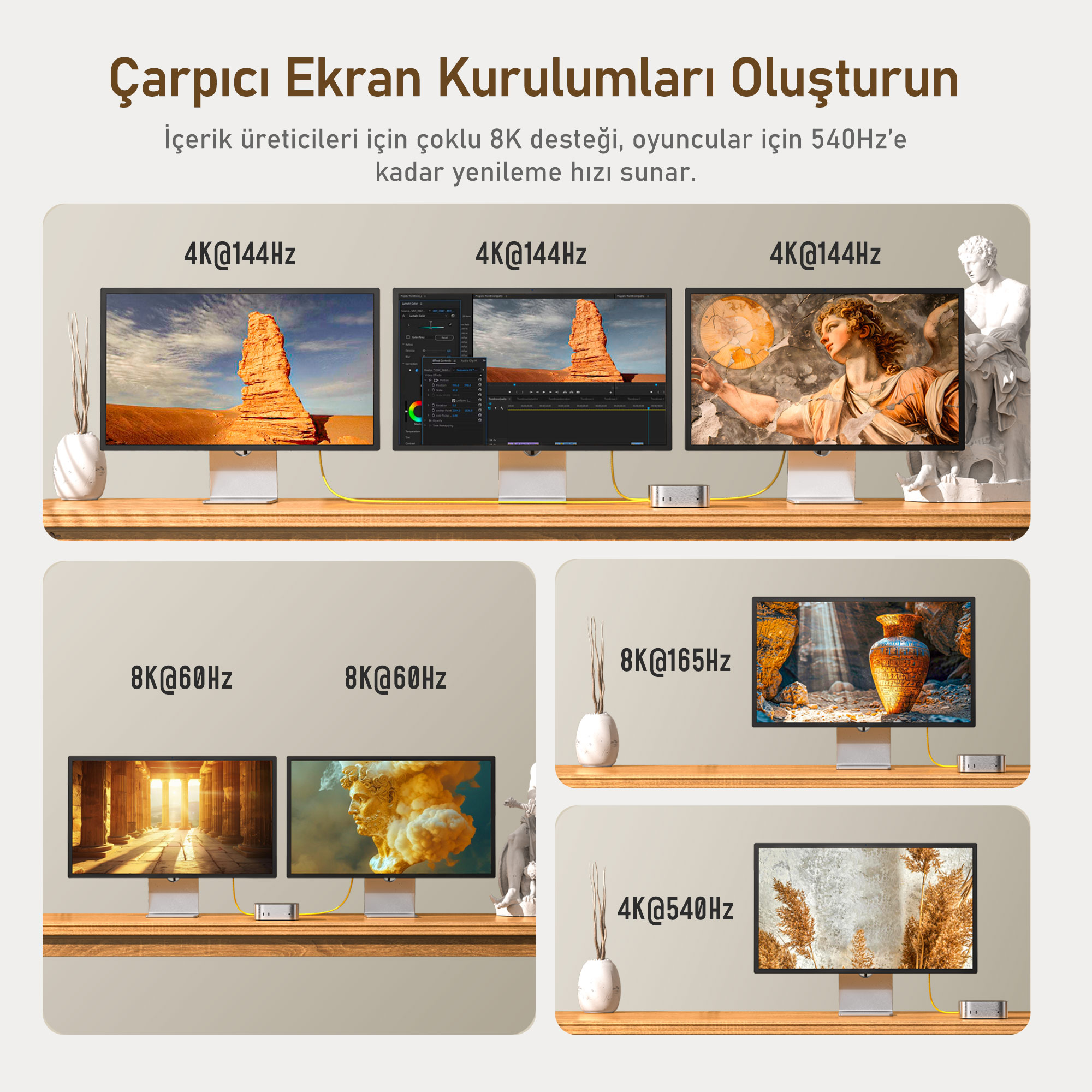 Ahşap masalarda farklı yenileme hızlarına sahip çoklu 4K ve 8K monitörler.