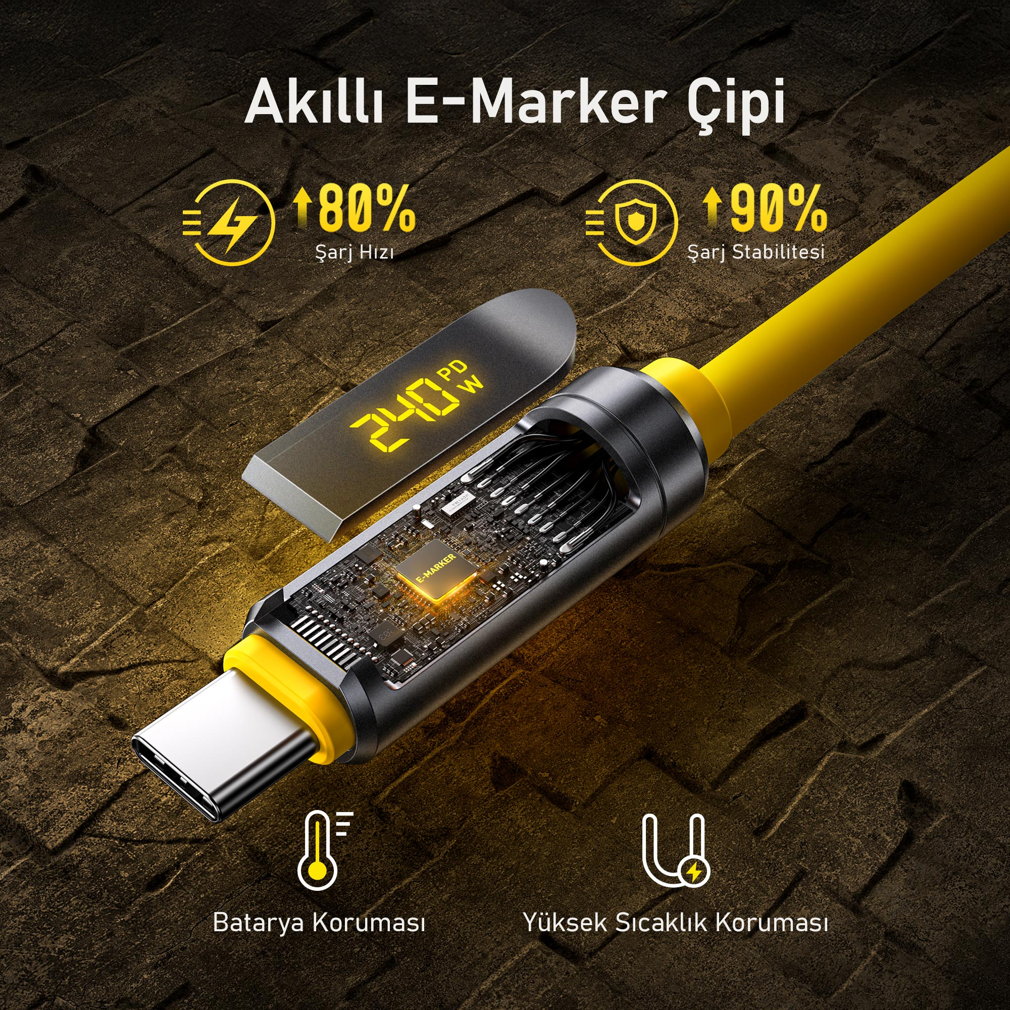 Sarı USB-C kablosu, devreleri gösteren açık konektörlü. 240W.