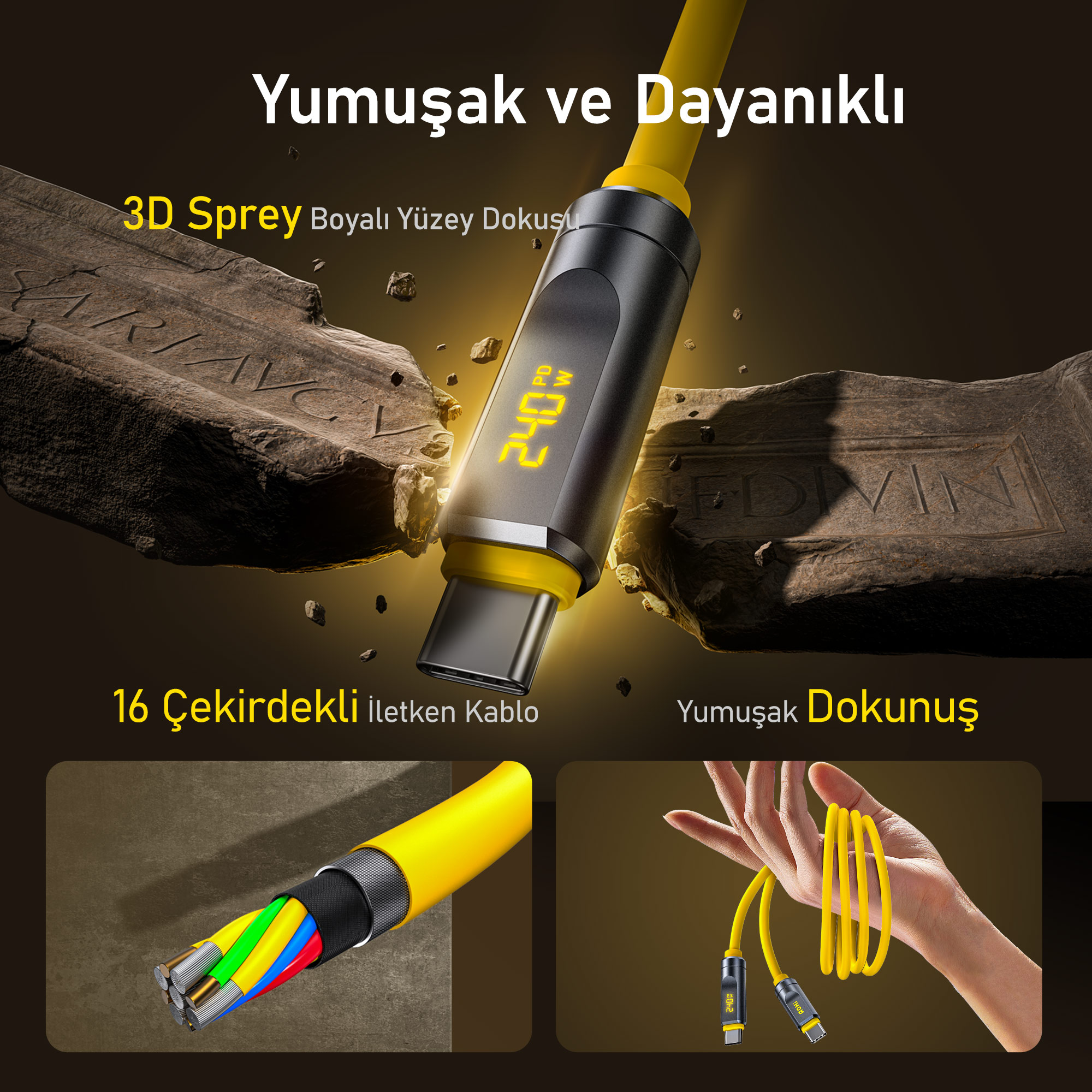 Taş arka planda şarj göstergeli sarı USB-C kablosu.