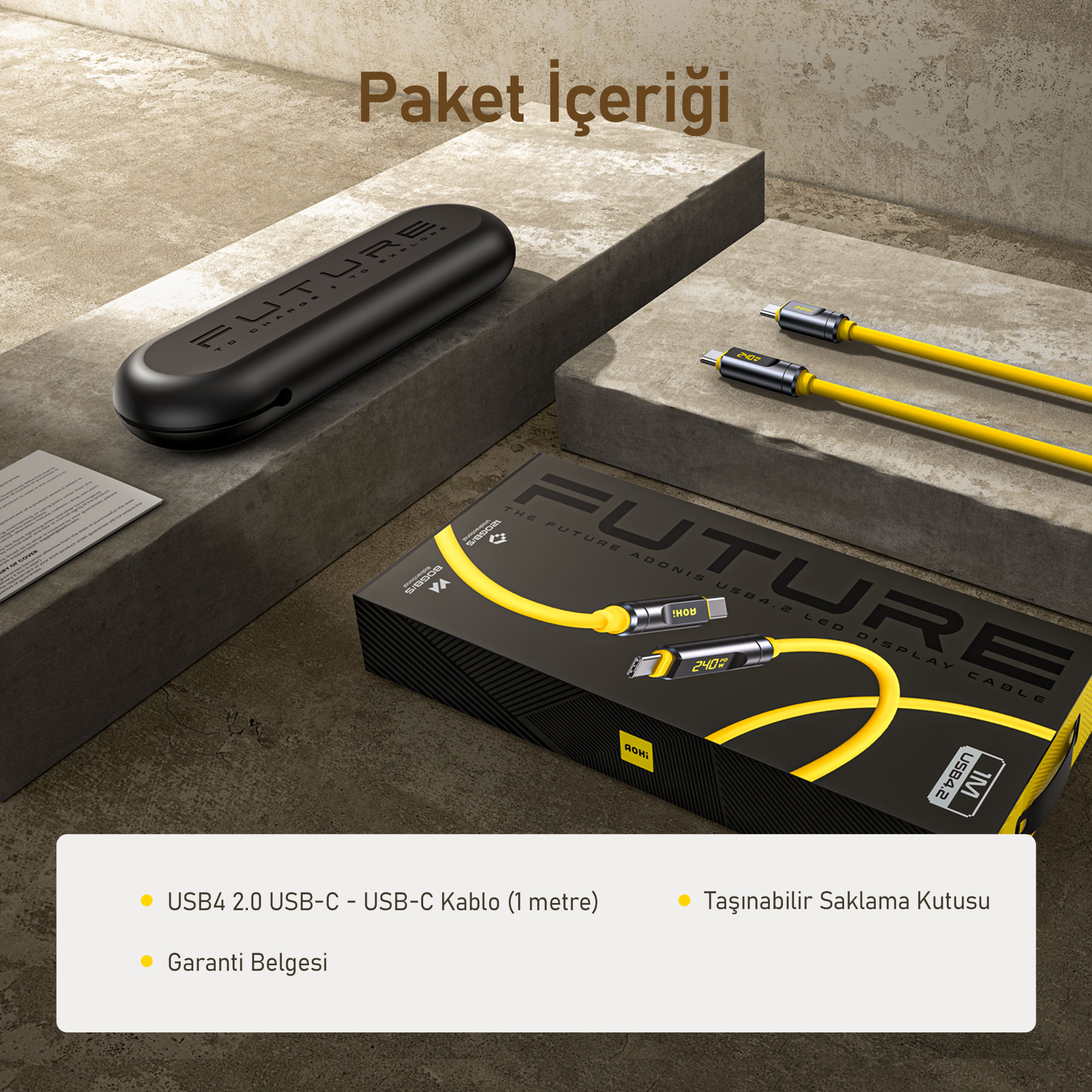 İki sarı USB4 kablosu, siyah bir kılıf ve ambalaj.