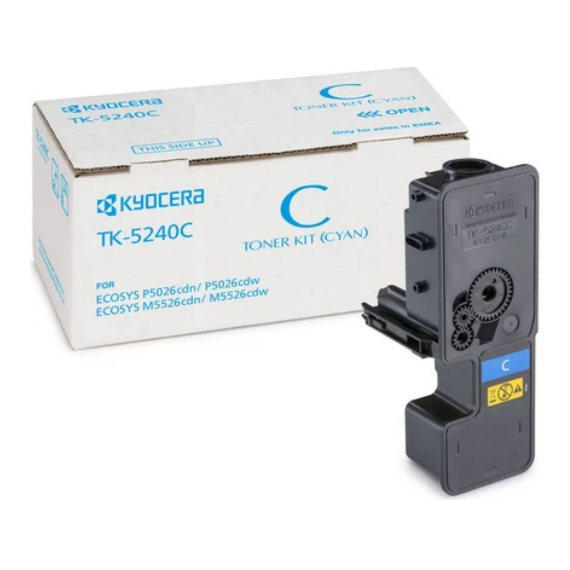 Kutusunun yanında mavi bir Kyocera TK-5240C toner kartuşu.