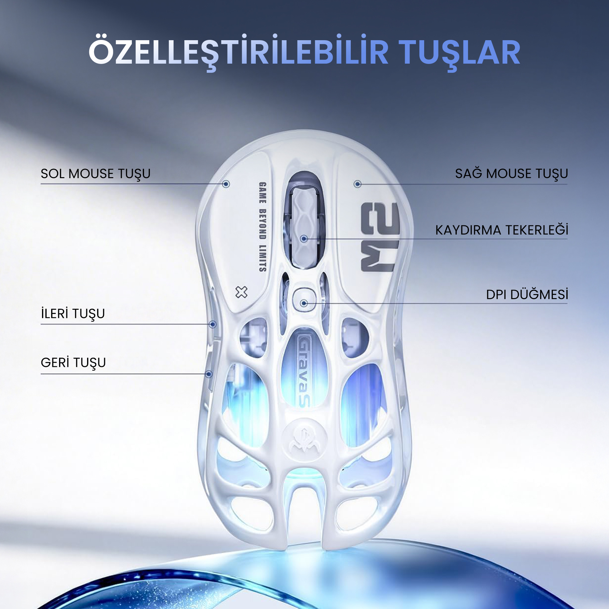 Mavi ışıklı ve etiketli beyaz oyuncu faresi.