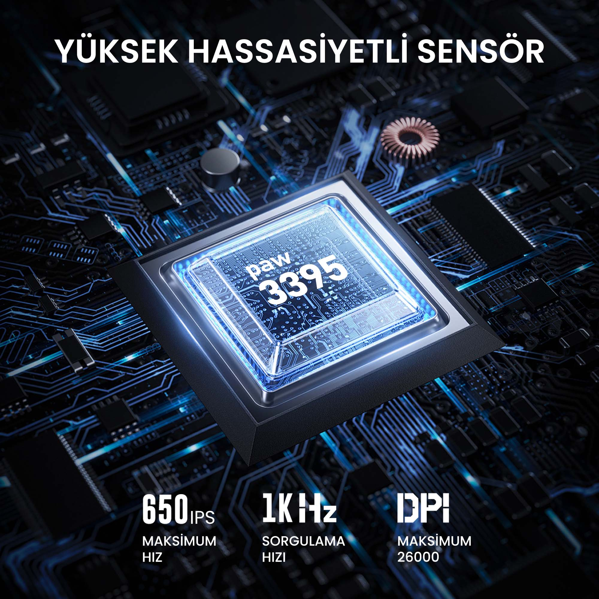 PAW 3395 sensörlü elektronik devre kartı, 650 IPS, 1KHz, 26000 DPI.