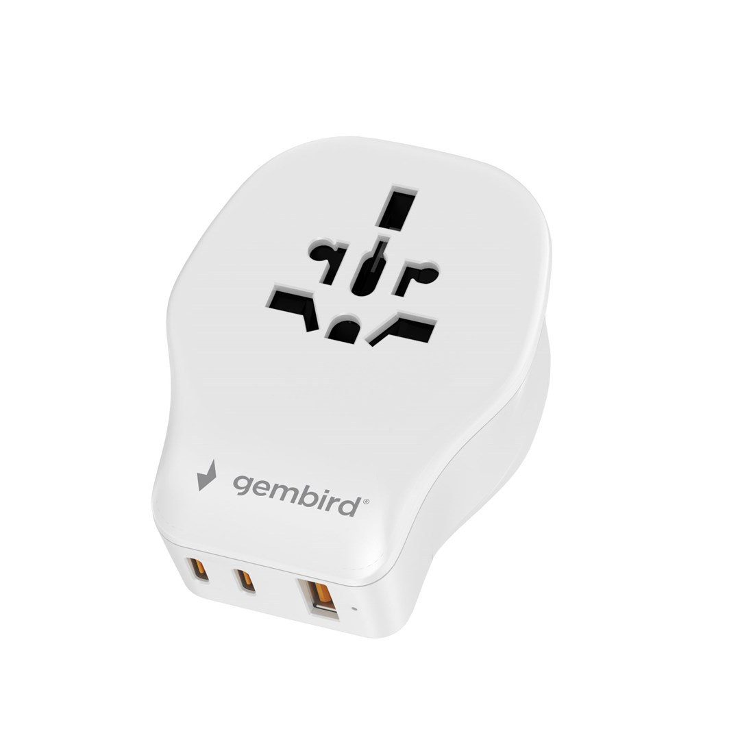 Witte universele reisadapter met meerdere stekkeropeningen en twee USB-poorten.