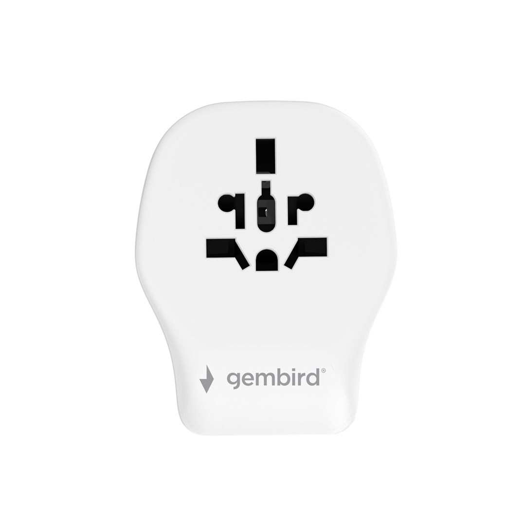 Een witte universele adapter met meerdere stopcontacttypen en het Gembird-logo.