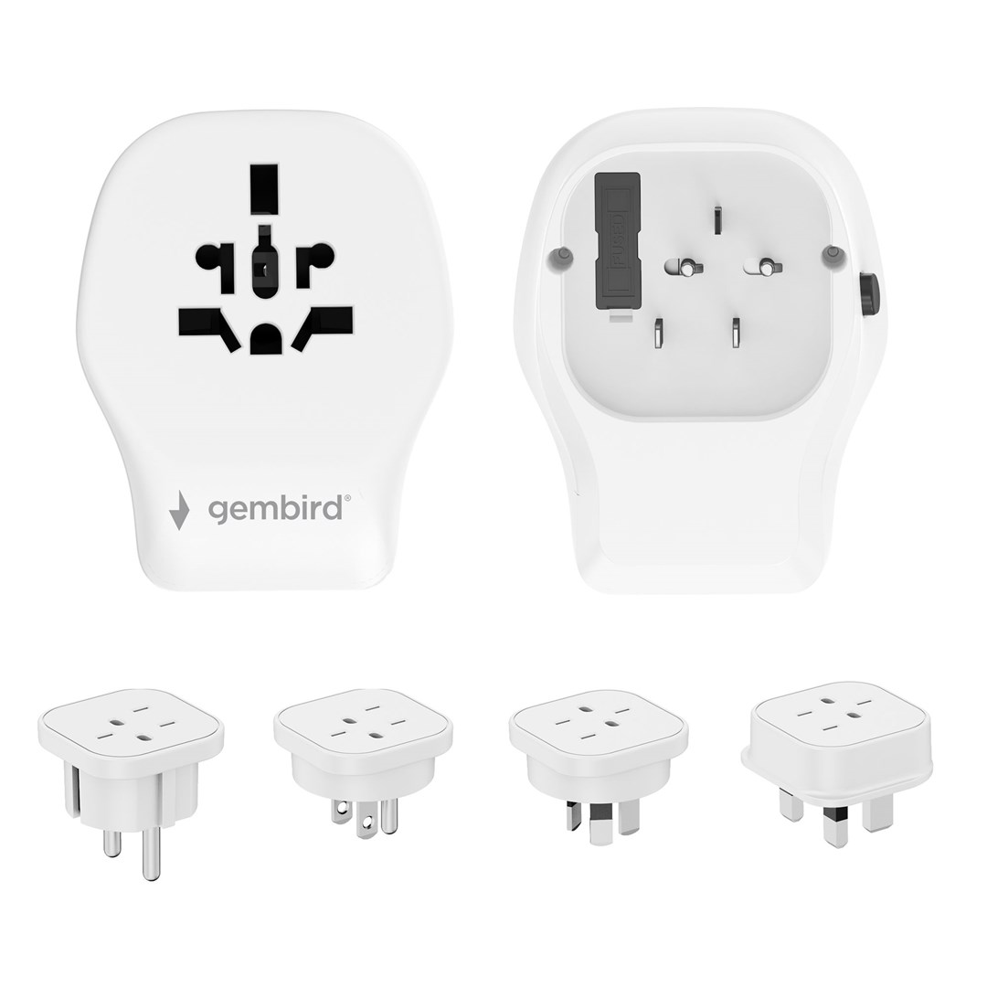 Witte reisadapter met universele sokkel en aan te sluiten stekkeradapters.