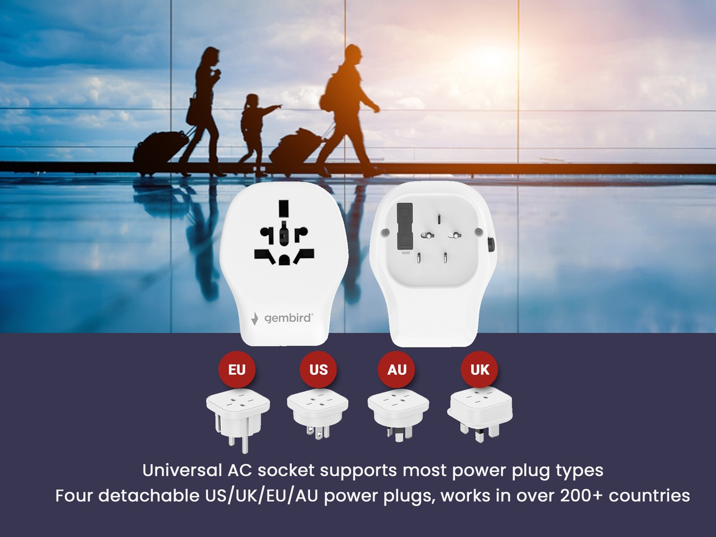 Universele reisadapter met US, UK, EU, AU stekkers in een luchthaven setting.