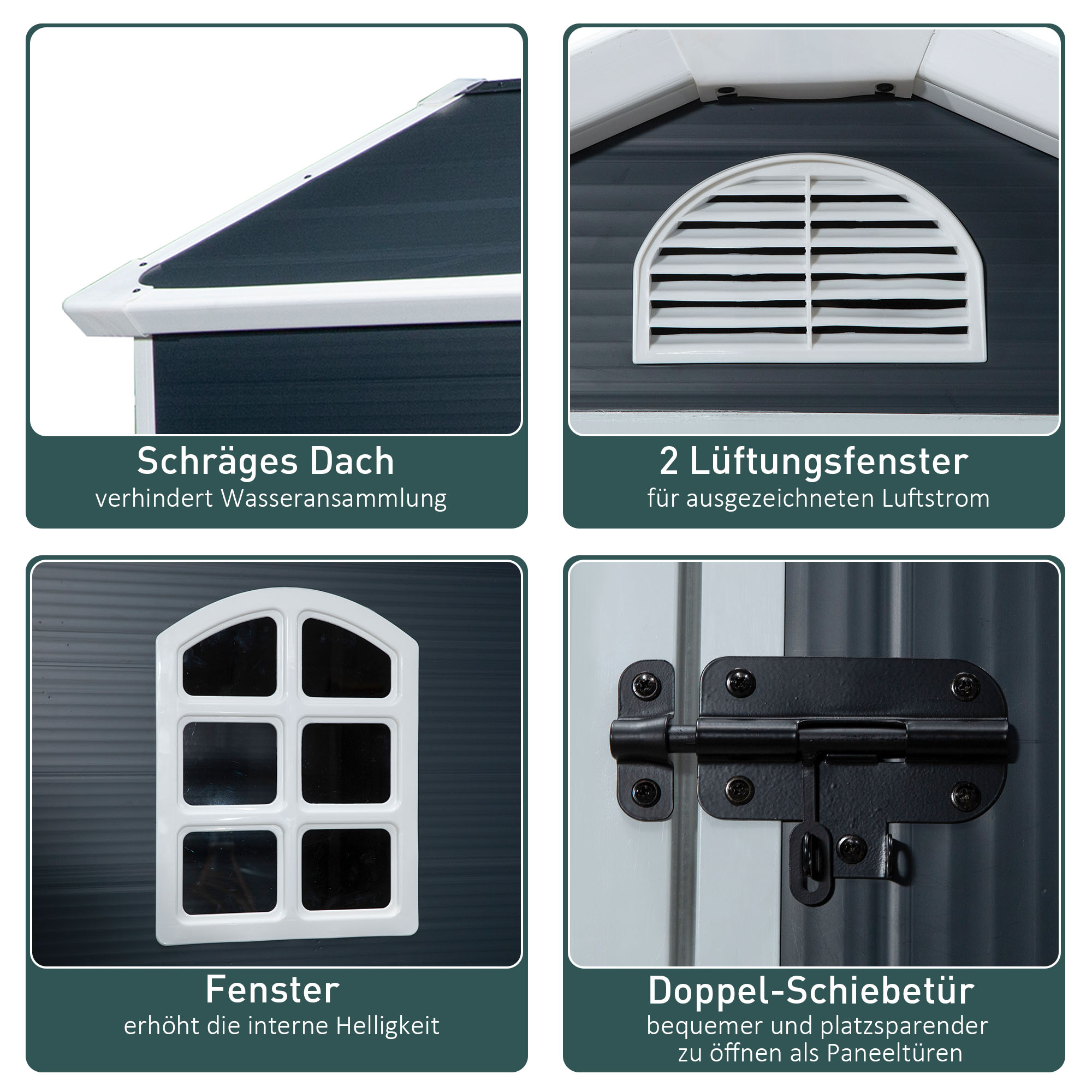 Schräges Dach, Lüftungsfenster, Fenster und Doppelschiebetür einer grauen Hütte.