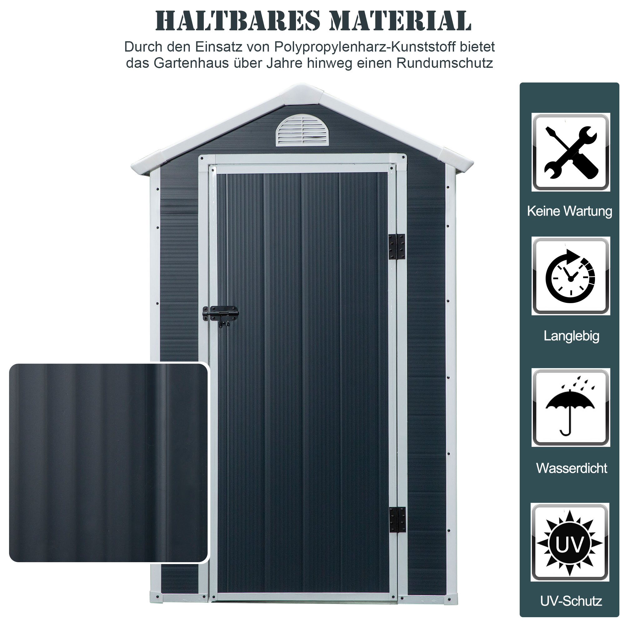 Dunkelgraues Gartenhaus mit weißem Rahmen, Lüftungsgitter und Symbolen für Wartungsfreiheit.