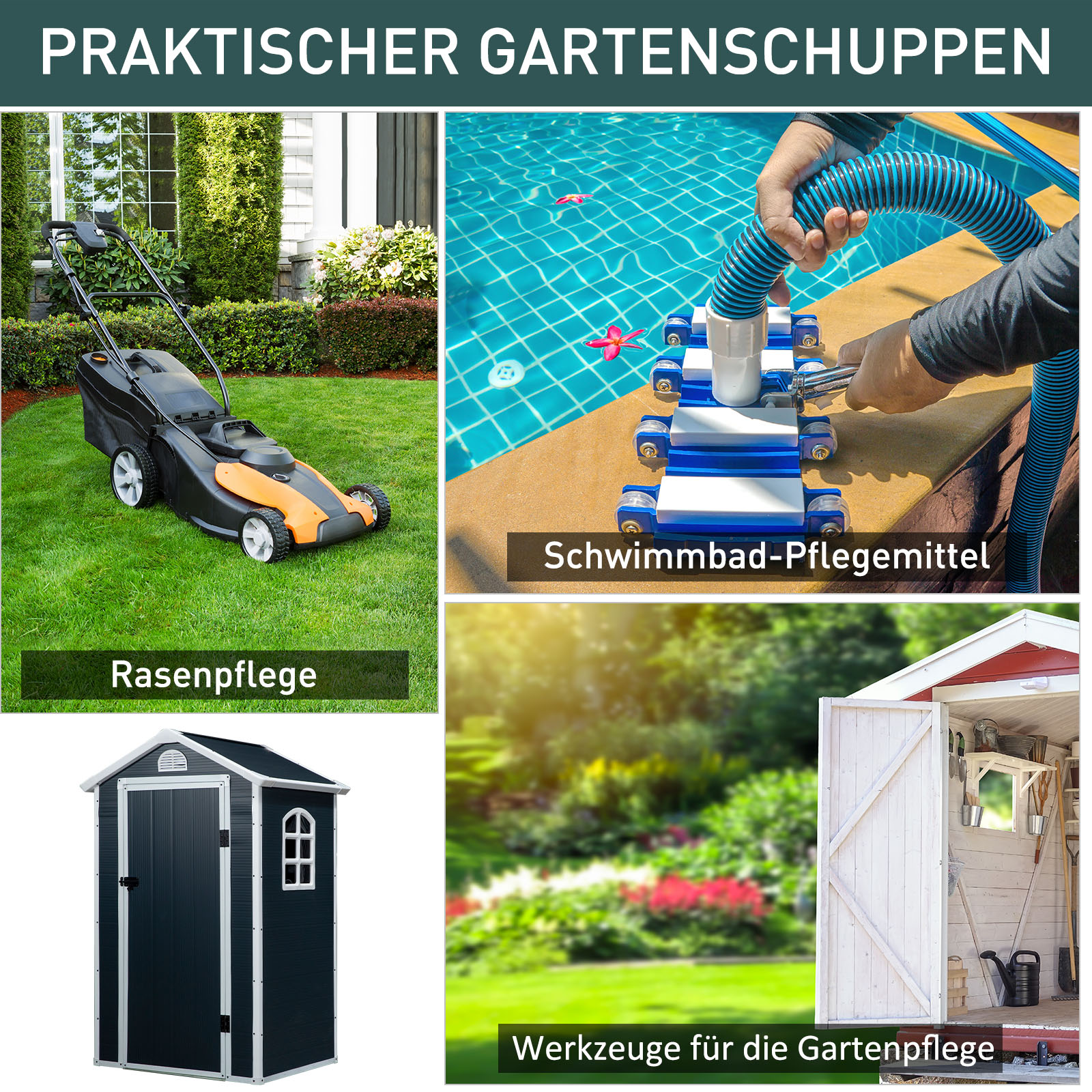 Vier Gartenbilder: Rasenmäher, Poolreiniger, Gartenschuppen und Werkzeuge.