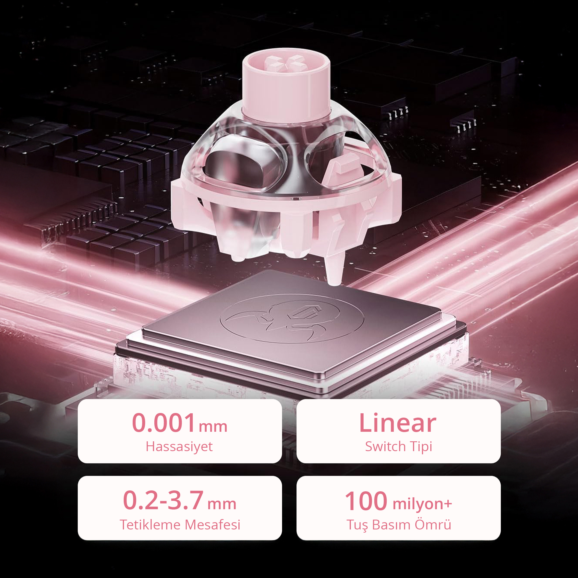Veri akışlı gümüş çip üzerinde pembe klavye tuş anahtarı.
