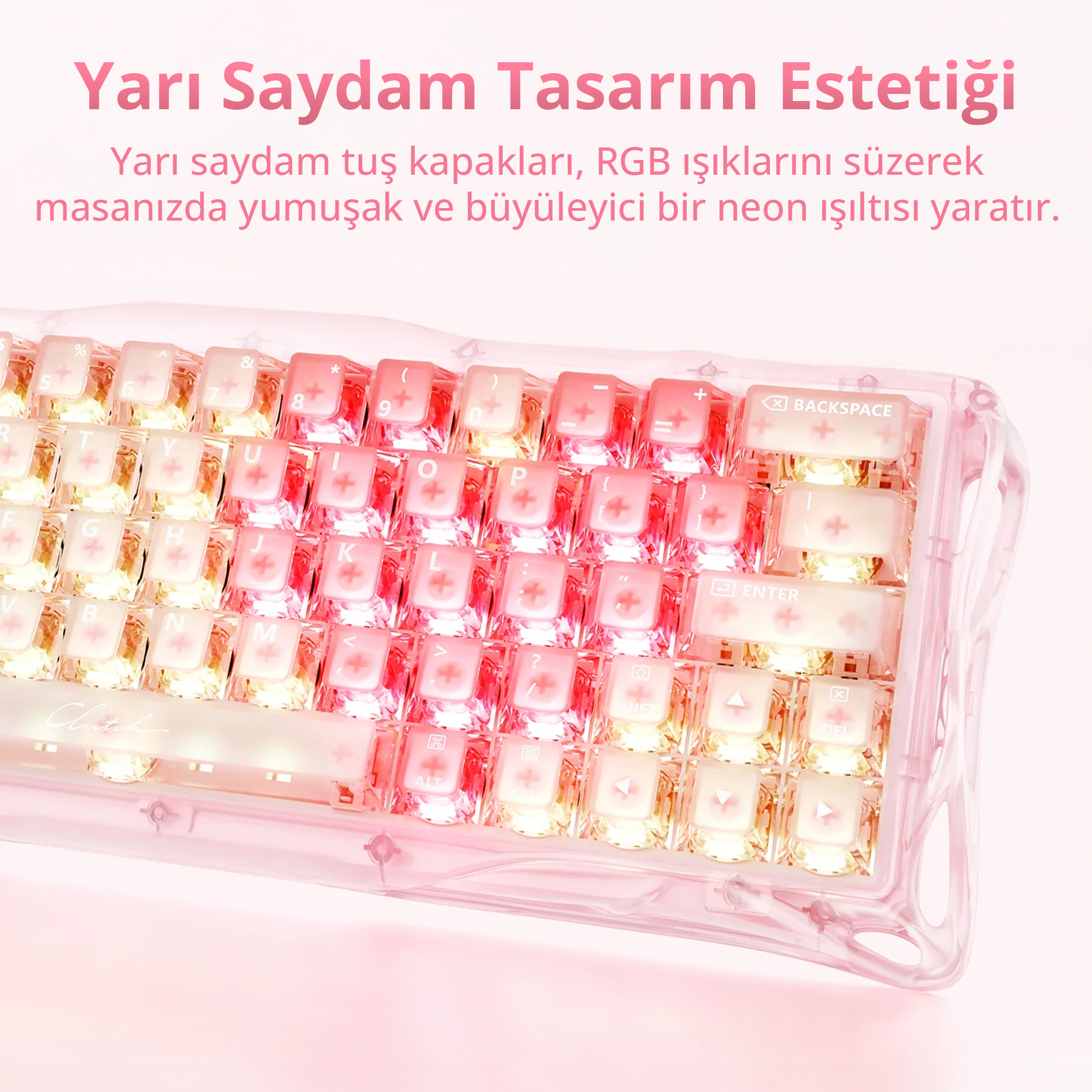 Yarı saydam tuş takımı ve RGB aydınlatmalı pembe klavye.
