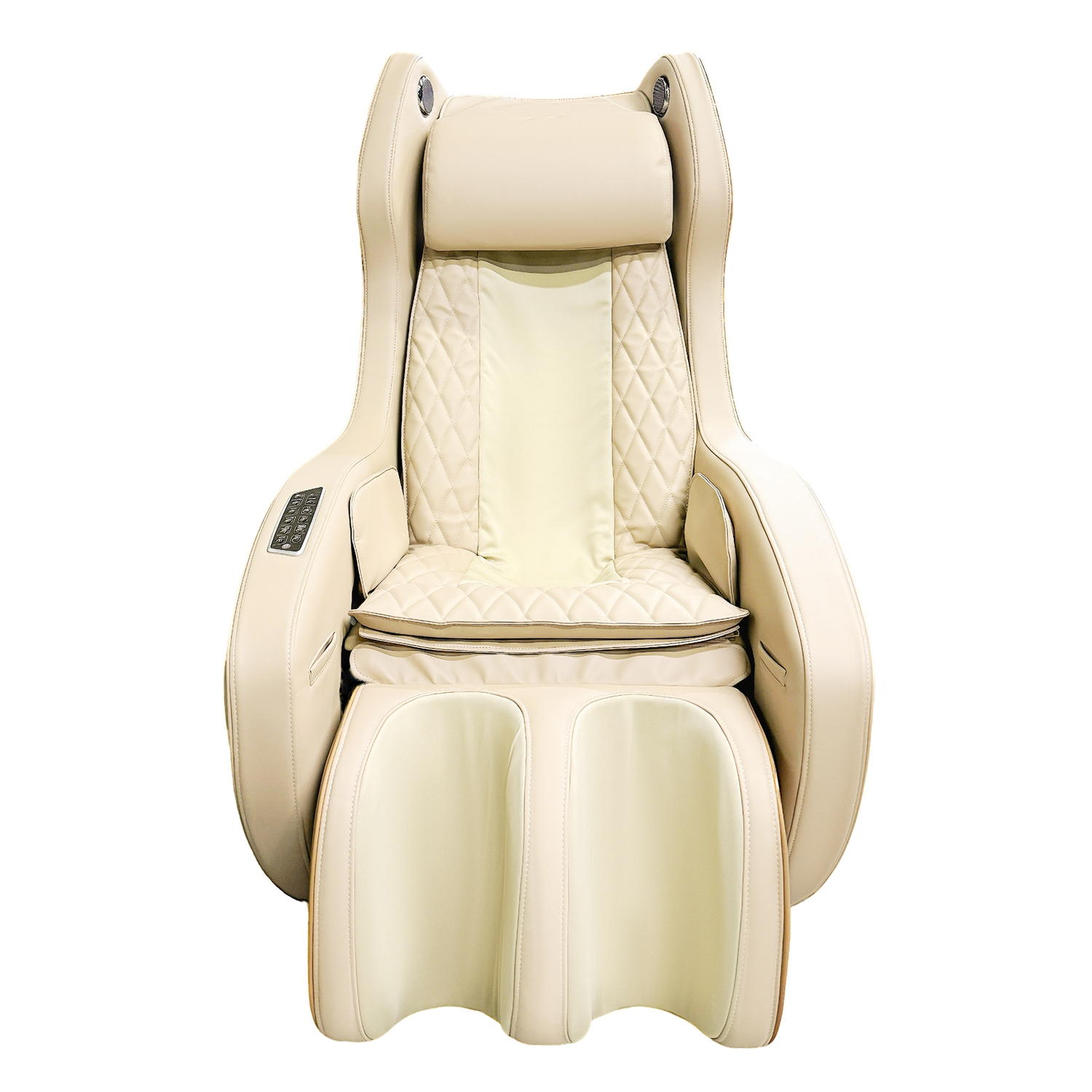 Ein cremefarbener Massagesessel mit gepolstertem Sitz und integrierter Fußstütze.