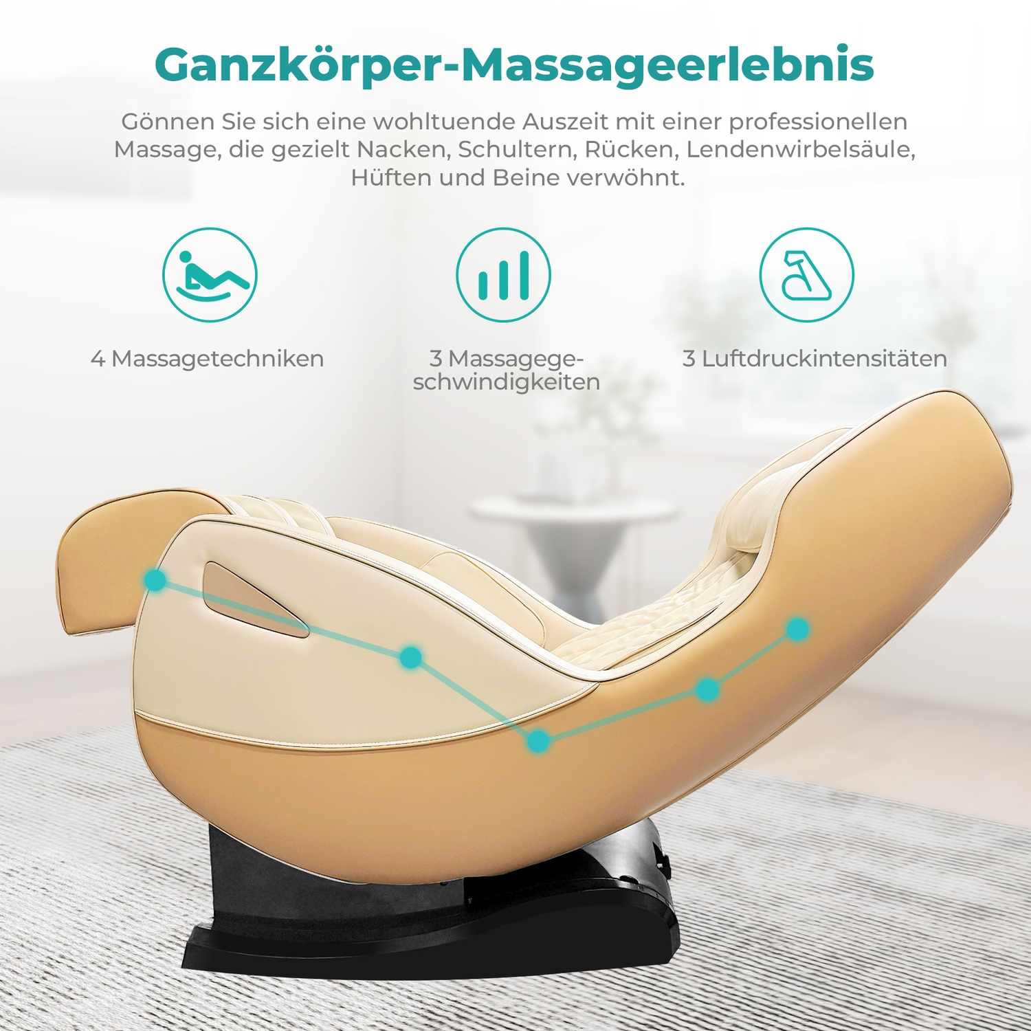 Ein beiger Massagesessel mit blauen Punkten und Linien, die Funktionen hervorheben.