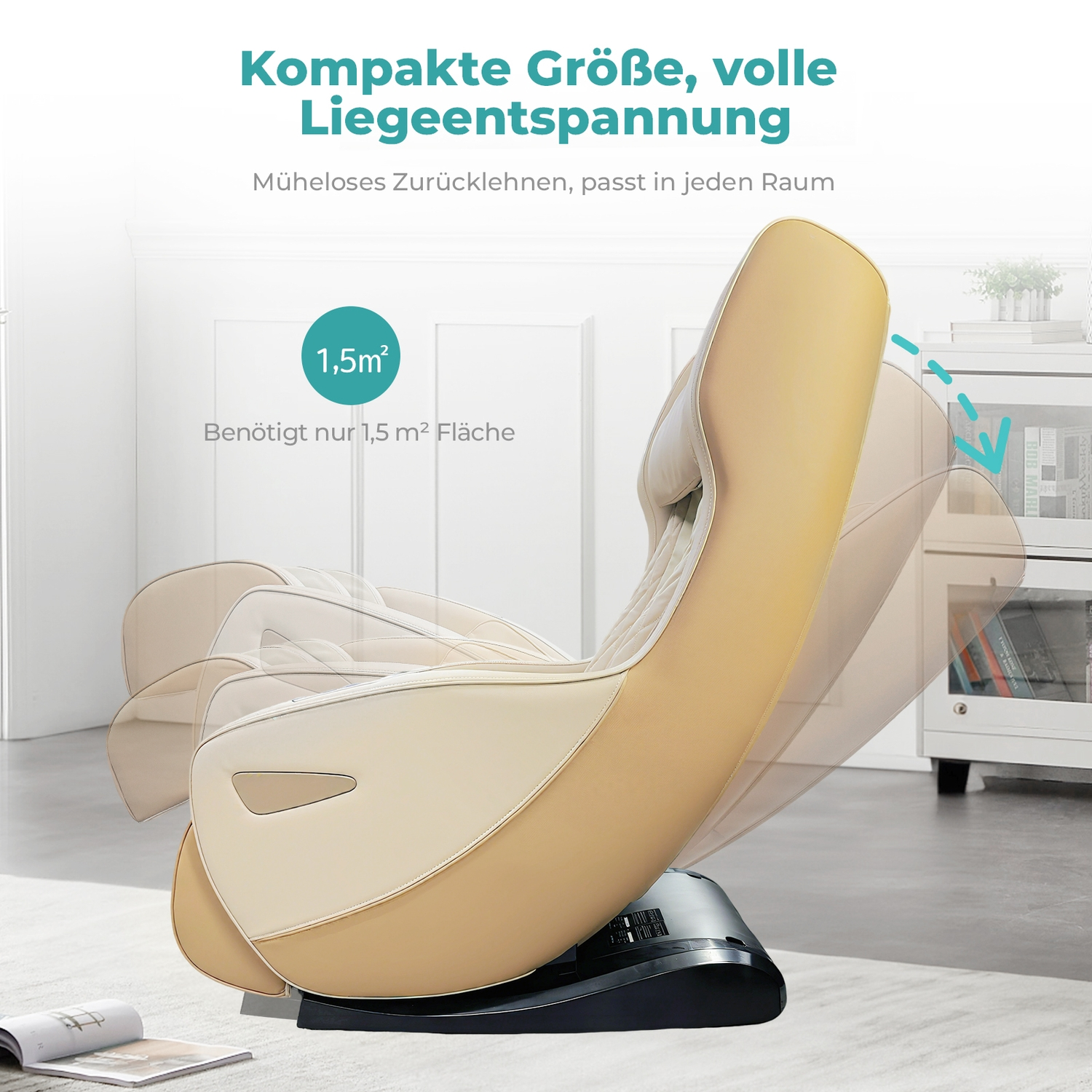 Ein beiger Massagesessel in verschiedenen Positionen, der nur 1,5m² benötigt.