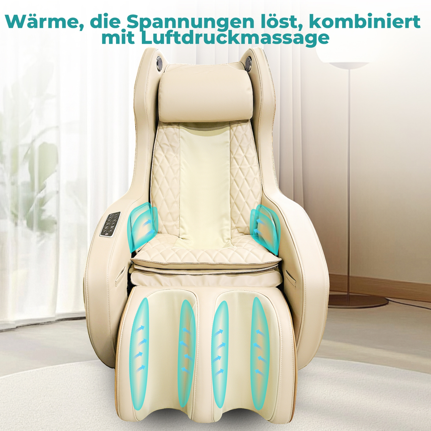 Ein beiger Massagesessel mit blauen Luftdruckanzeigen an den Seiten und Füßen.