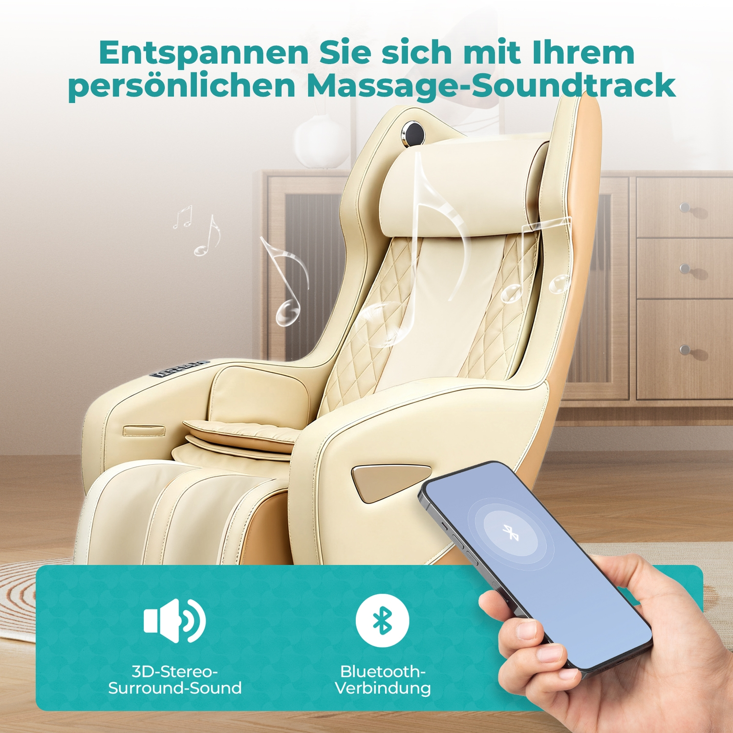 Ein beiger Massagesessel mit Musiknoten und einem Smartphone, das Bluetooth verbindet.
