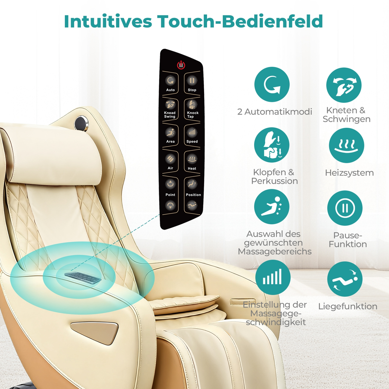 Beigefarbener Massagesessel mit Touch-Bedienfeld und Symbolen für Funktionen.