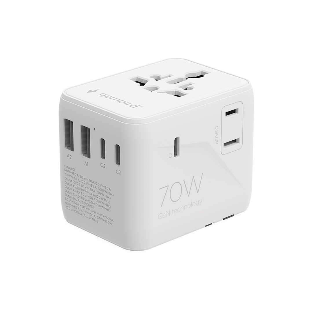 Witte 70W GaN reisadapter met meerdere poorten en USB-A/C-aansluitingen.