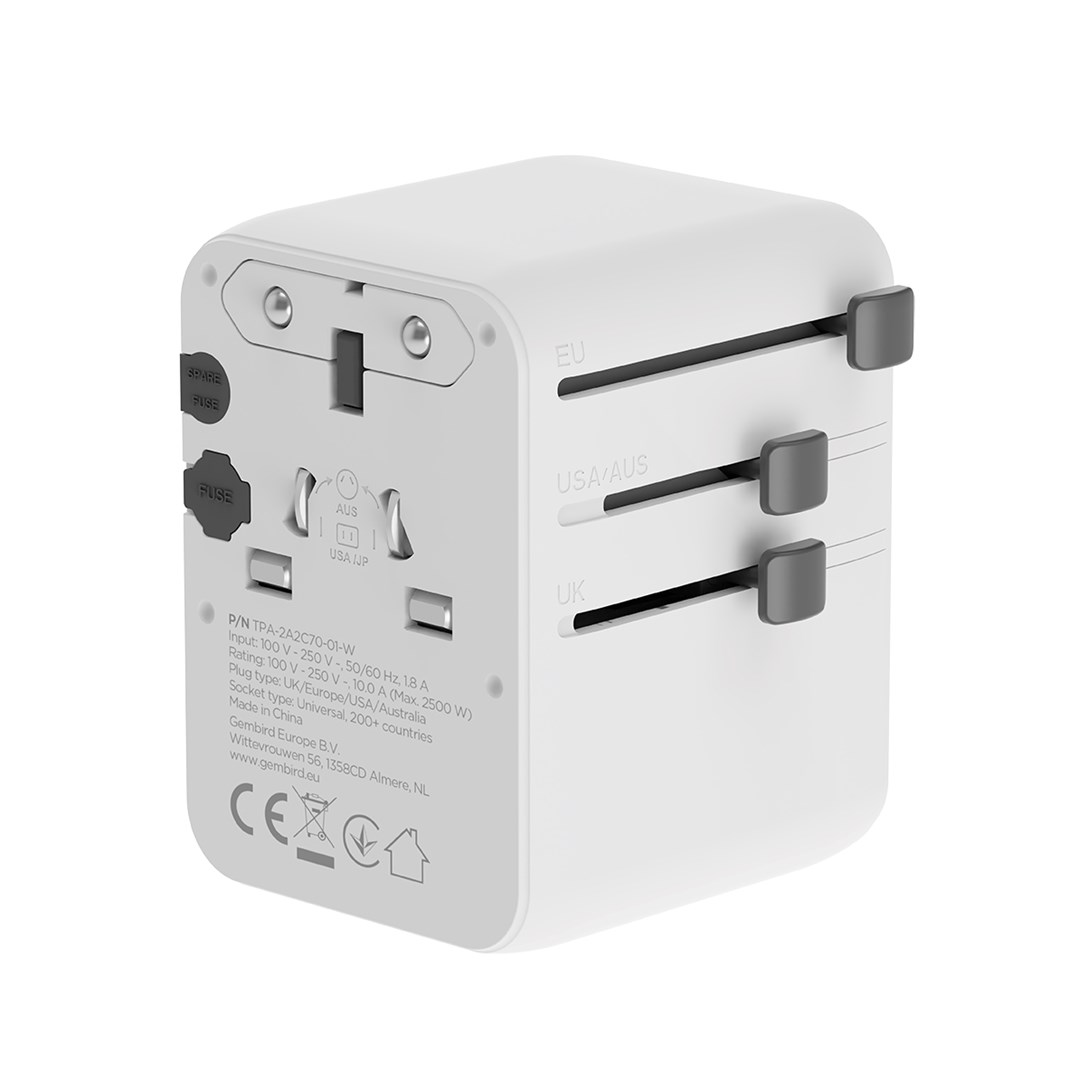 Witte universele reisadapter met intrekbare UK, EU, USA/AUS stekkers en zekeringvak.