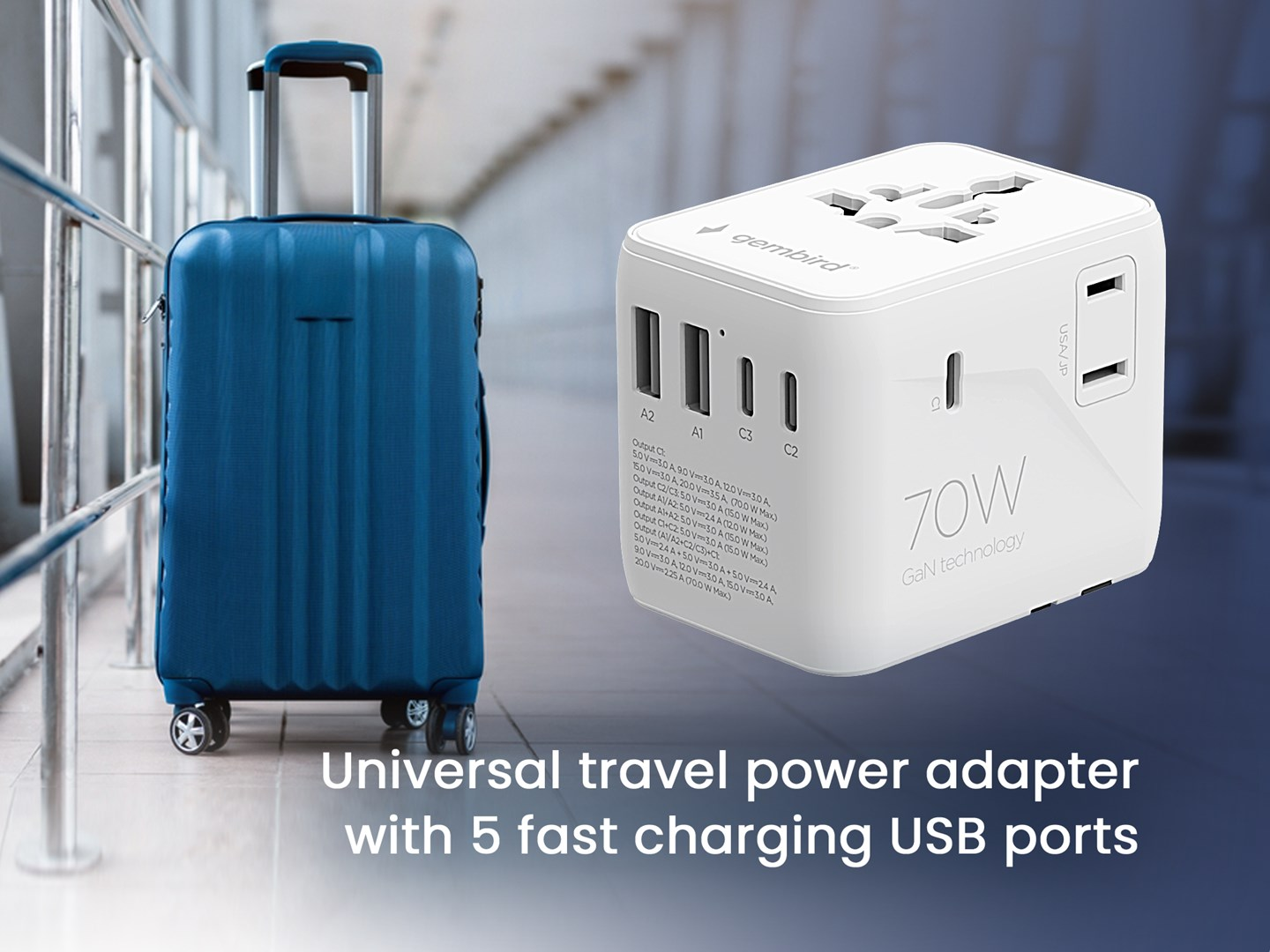 Een blauwe koffer naast een witte reisadapter met 5 USB-poorten.