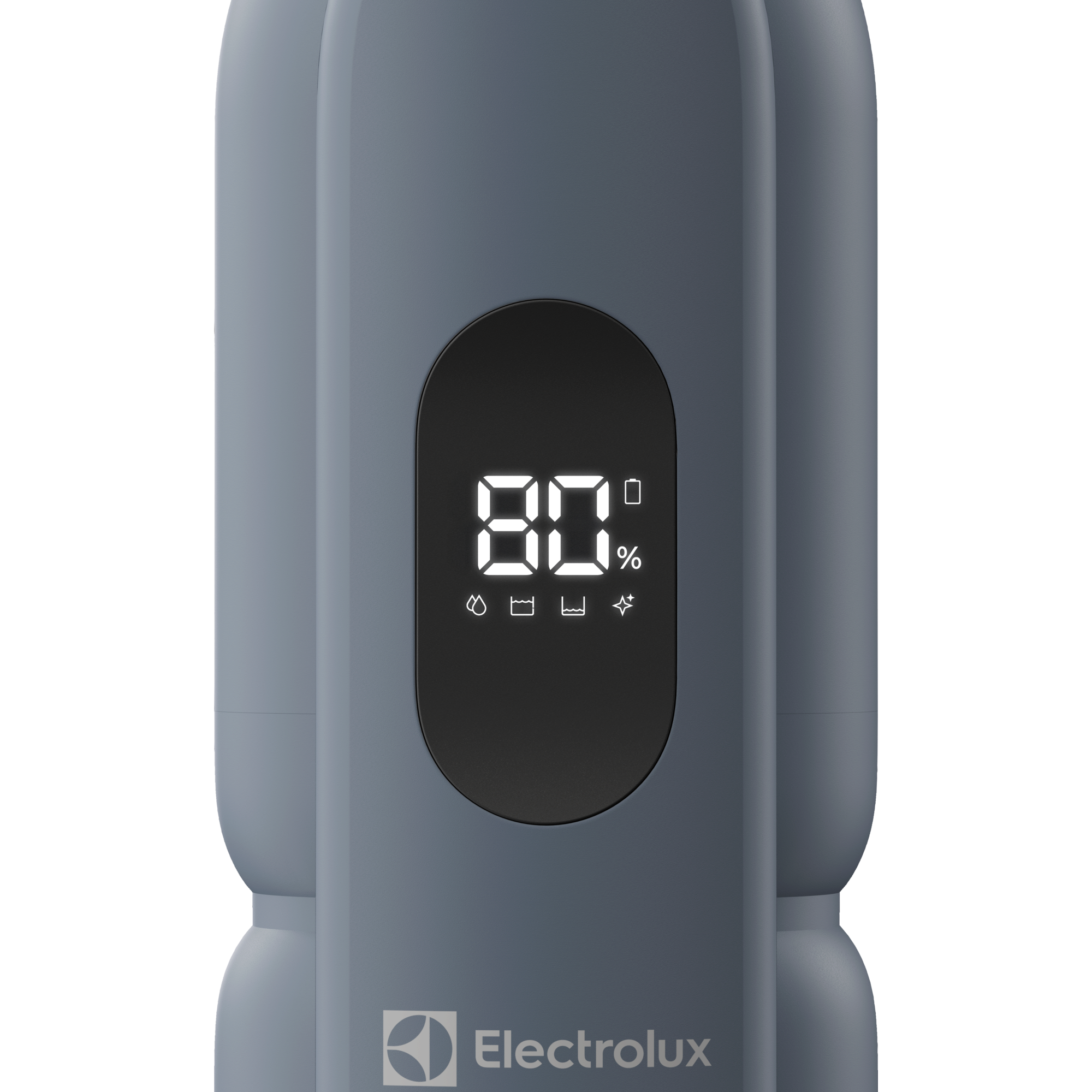 Dispositivo grigio con display digitale "80%" e icone. Logo Electrolux in basso.