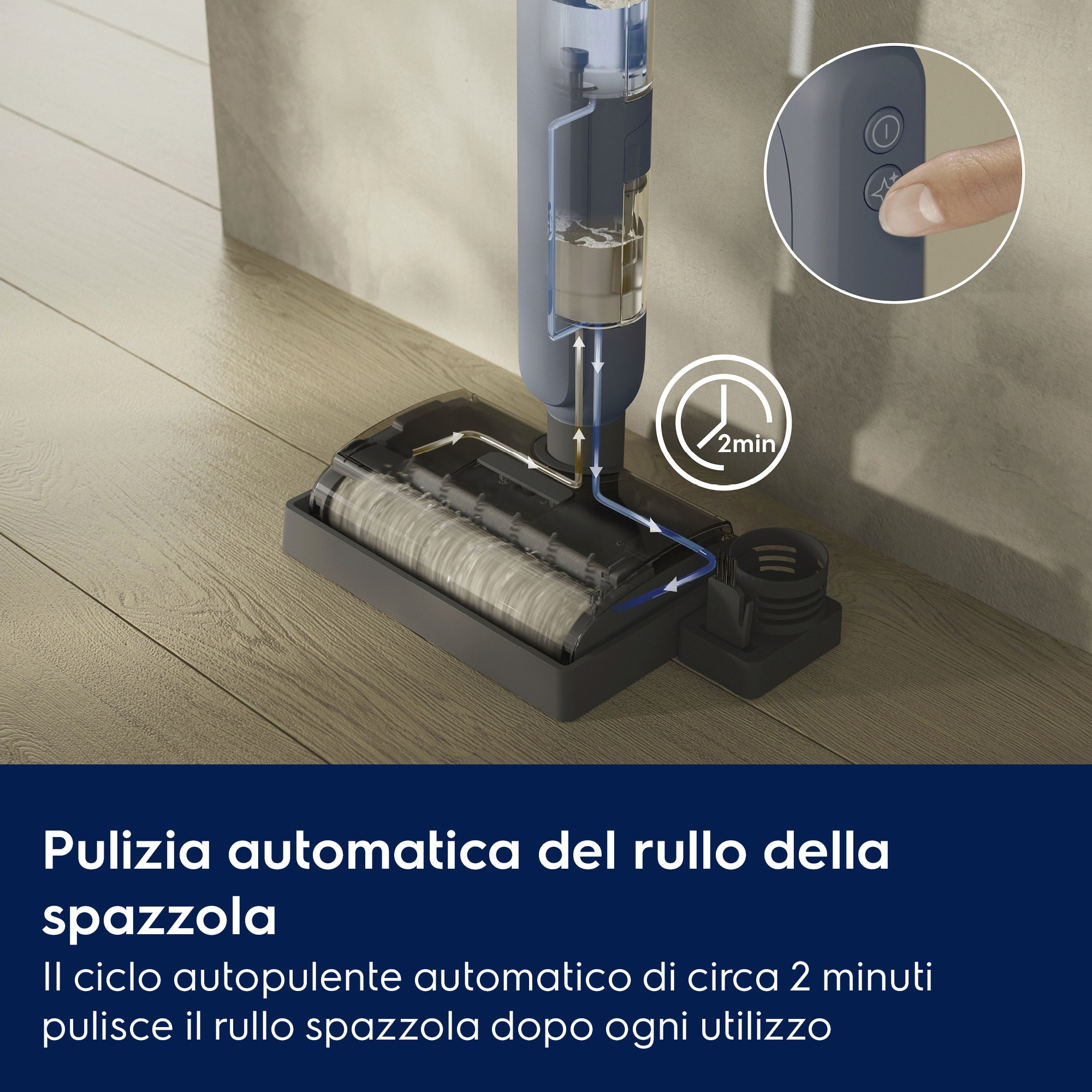Un aspirapolvere pulisce automaticamente la spazzola in 2 minuti.