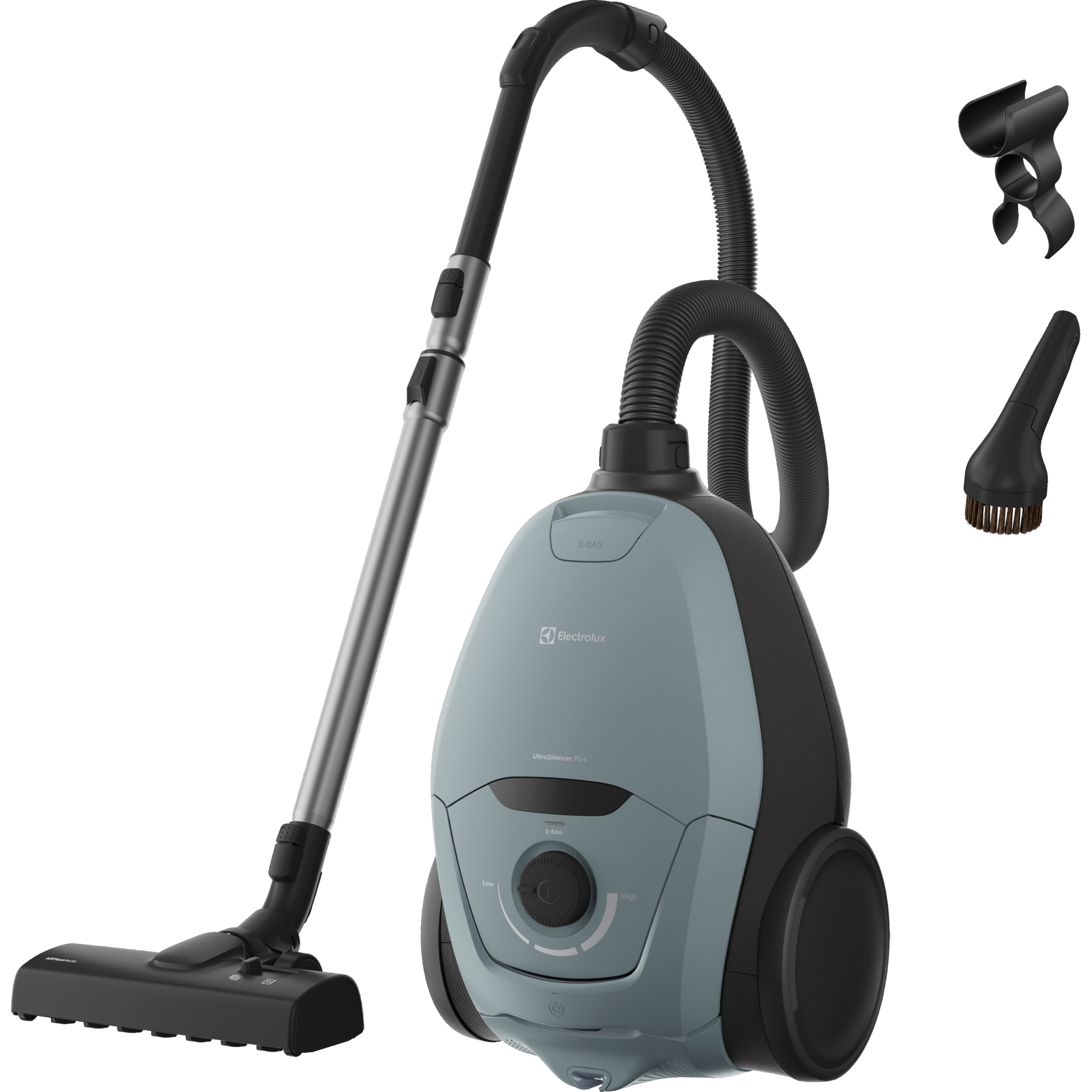 Un aspirapolvere Electrolux blu con tubo, manico e accessori su sfondo nero.
