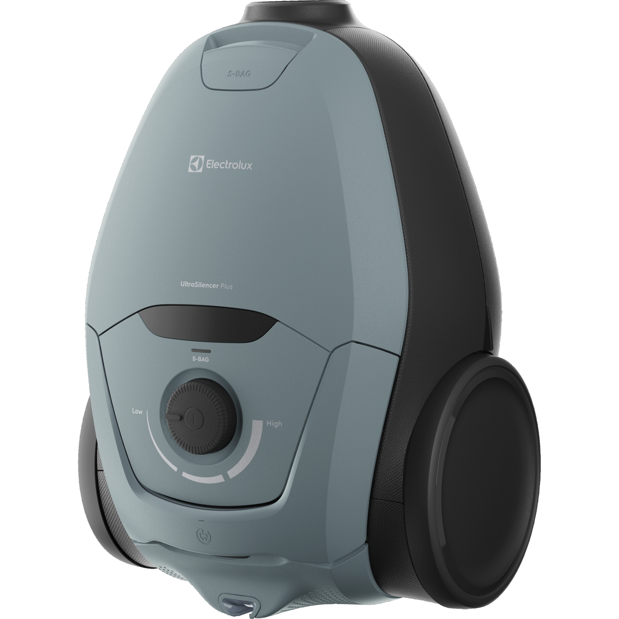 Un aspirapolvere Electrolux azzurro con ruote e dettagli neri. Presenta una manopola.